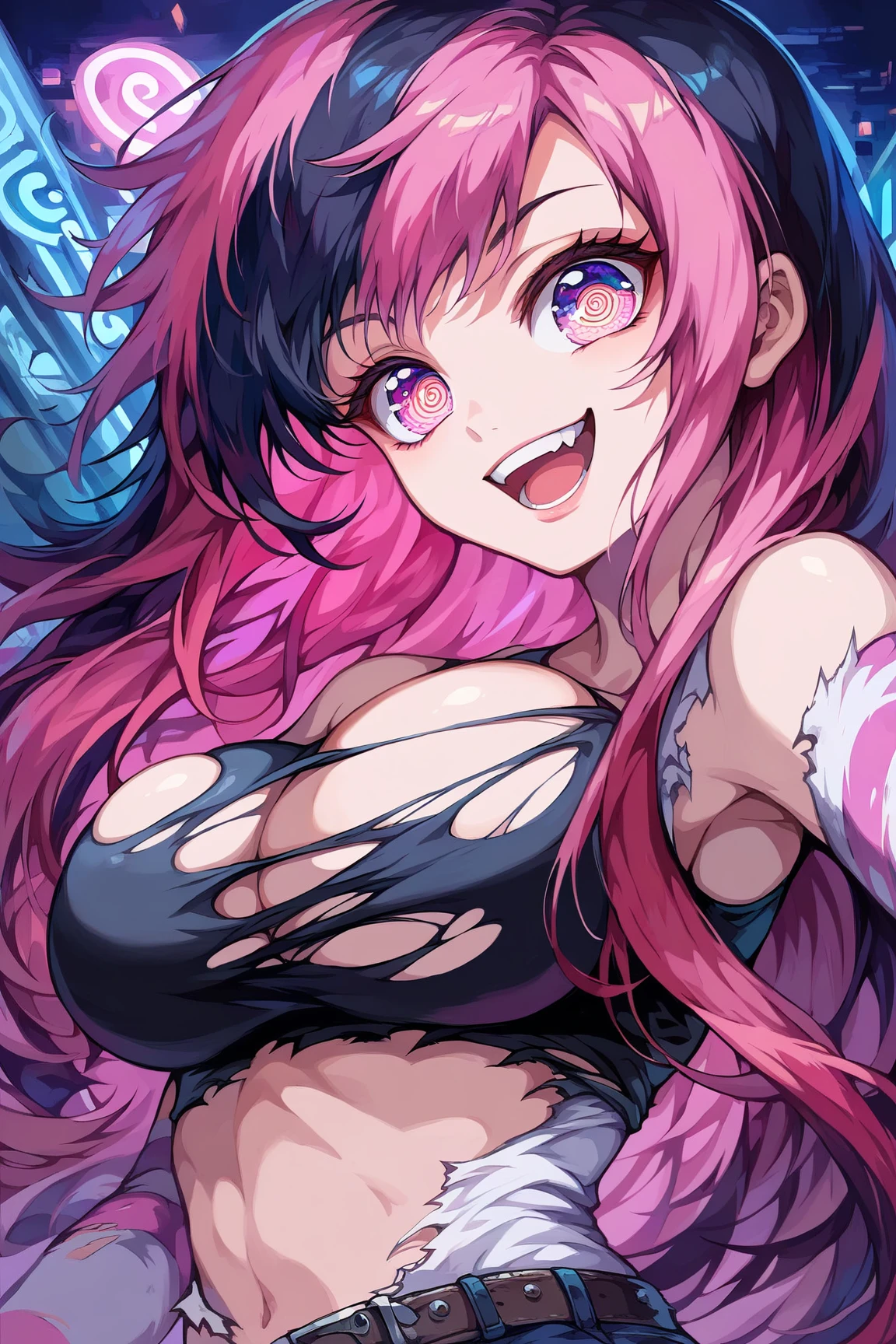 solo,
1girl\(cute, kawaii,(evil smile), hand up, :p, (black hair:1), pink hair, multicolored hair, streaked hair, (long hair), bangs, pale skin, pink eyes, (detailed eyes:1.4), eyes shining, (big eyes), (breast:1.4), (punk fashion:1), (ripped clothes:1.3), (tight tube top), (tight hot pants), (stomach shown:0.8), (abs:0.6), (dynamic pose:1.4)\), 

BREAK 

background\(outside, noisy city, backstreet, narrow street, neon lights\), 

BREAK

quality\(8k, wallpaper of extremely detailed CG unit, high resolution, top-quality, top-quality real texture skin, increase the resolution, RAW photos, best quality, highly detailed, the wallpaper, golden ratio, high saturation, vibrant colors, atmospheric scenery, captivating visuals, intricate details, strong emotions, dreamlike world\),

(close up of face:1.5), (anime style:1.2), (toon:0.6), pop art, vivid color, (graffiti:0.5), Anime, Illustration, 