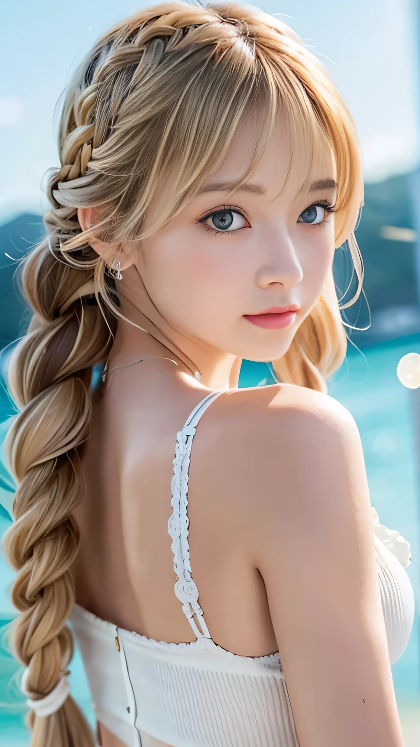 Sexy Big 、Sexy cute looks and cute 15 year old beautiful girl, beautiful and sexy face、A strong wind blows my hair in front of my face、beautiful long blonde French braided hair、beautiful, Cute and sexy eyes hidden behind long bangs