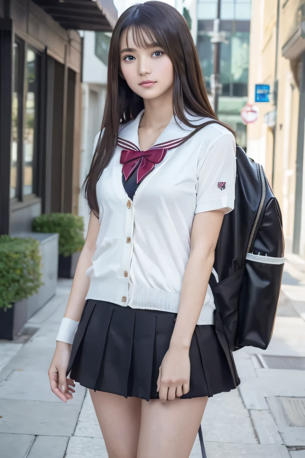 Masterpiece, top quality, HD,High School Girl 10.0, very detailed, Asian Beauties,(.1),iris, NATURAL BEAUTY , cinematic ,( middle of chest), 10 .0, supple and soft limbs , Thin Eyes and Thin Eye Makeup,Eliminates under-eye bags, very detailedなな目と顔, glossy lips, thighs,Sparkling Eyes, on their way home from school ,(Stroll around town),(Cardigan-style uniform:1.3),( Check Skirt :1.1),( carry a backpack:1.2), wind fluttering hair,( relaxed attitude in the distant future:1.2),(Straddle split :1.3),( medium haired:1.2),( short skirt:1.3)