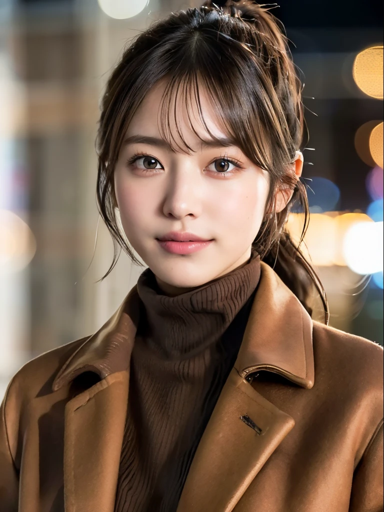 1girl in,(muffler, Turtleneck sweater:1.4),(Raw photo, Best Quality), (Realistic, Photorealsitic:1.4), masutepiece, extremely delicate and beautiful, Extremely detailed, 8k wallpaper, amazing, finely detail, extremely detailed CG Unity, hight resolution, Soft light, Beautiful detailed 19 year old girl, extremely detailed eye and face, beautiful detailed nose, Beautiful detailed eyes,Cinematic lighting,city light at night,Perfect Anatomy,Slender body,Smiling (hair messy, asymmetrical bangs, light brown hair,)