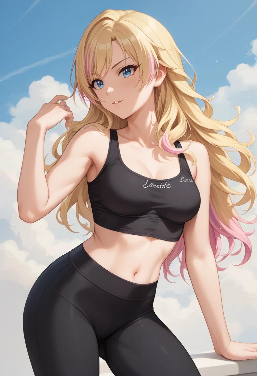 (masterpiece),(best quality),(ultra-detailed),(best illustration),(best shadow),(absurdres),(detailed background),(very aesthetic)1girl, senajuo2idol, multicolored hair,juo sena\(idolmaster\), 1girl, solo, long_hair, breasts, blue_eyes, blonde_hair, medium_breasts, multicolored_hair, midriff, pants, streaked_hair, black_pants,yoga pants, crop top, black crop top