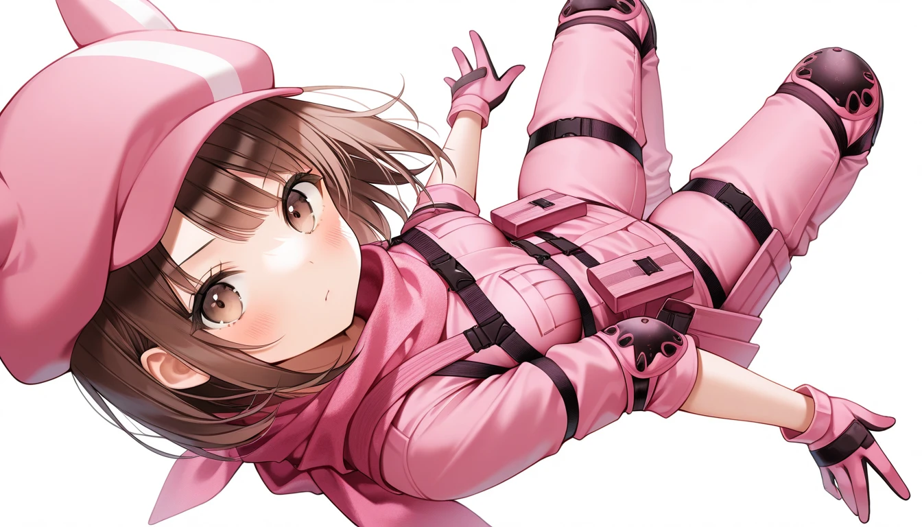 1girl, animal_ears, animal_hat, blush, brown_hair, bullet, cabbie_hat, commentary, frying_pan, gloves, hat, holding, ikazu401, jacket, llenn_(sao), open_mouth, pants, photoshop_(medium), pink_gloves, pink_headwear, pink_jacket, pink_pants, playerunknown's_battlegrounds, rabbit_ears, rabbit_hat, red_eyes, solo, sword_art_online, sword_art_online_alternative:_gun_gale_online, v-shaped_eyebrows