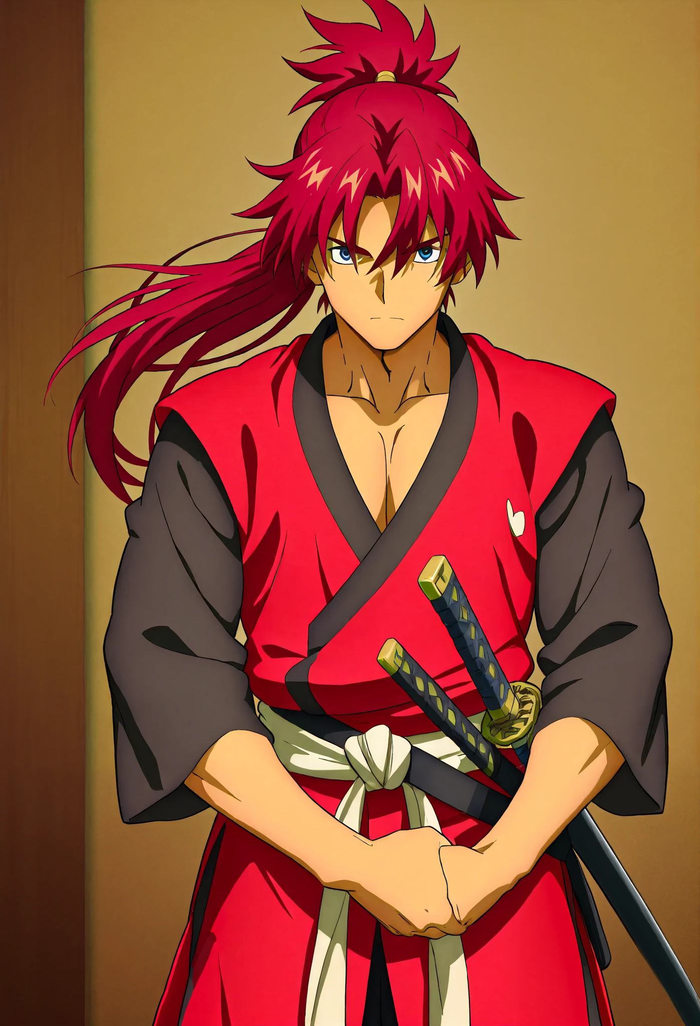  The protagonist of Martial Arts, a man in his 20s with long dark red ponytail hair. He is wearing a Japanese sword around his waist. He's standing looking at me .  side view . He is handsome . He is neatly dressed in black long-sleeved clothes . The background is a reed field.  Anime Style . High quality.