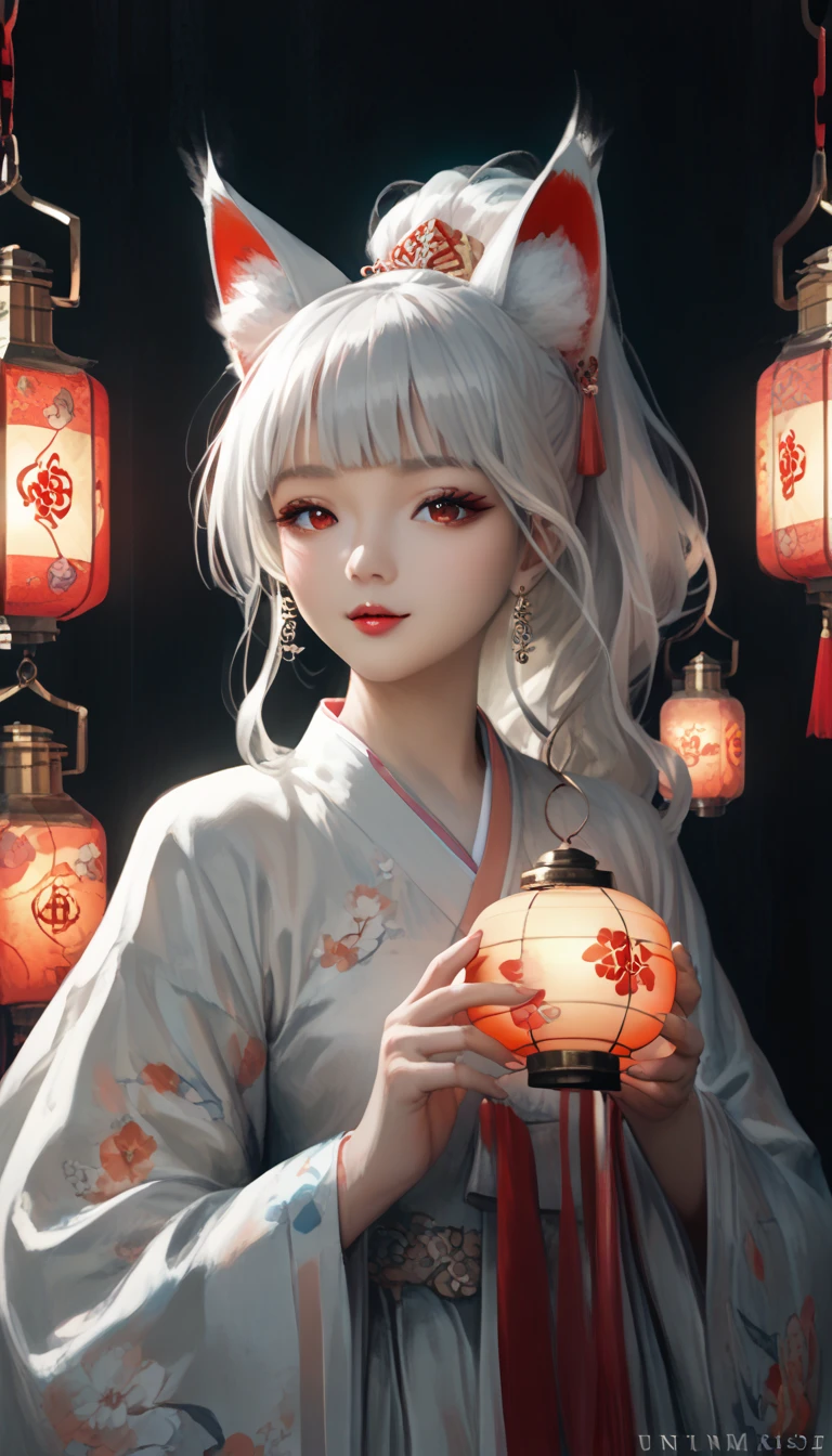 (masterpiece,  best quality :1.2), 1 woman,  alone, Gumiho, 여자 Gumiho,  Korean girl, Fox ears, fox tail, Hanbok,  white hair, Joseon dynasty houses, ( huge boobs :1.4),  red eyes, Lantern ,  long hair 