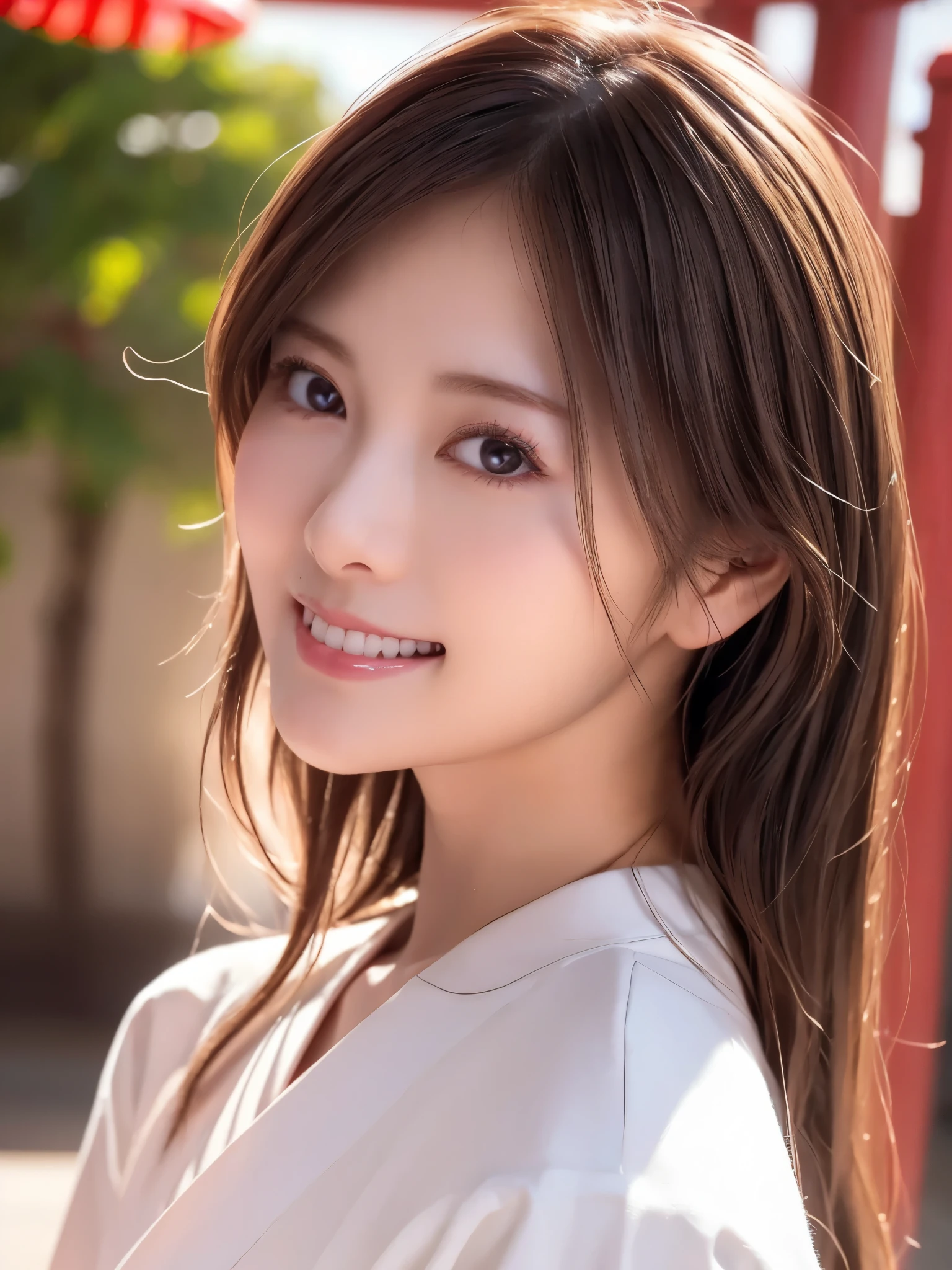 ( face close-up:1.2)、 top quality、 ultra high definition、(Photographically: 1.3)、 beautiful eyes、 very beautiful、 shiny hair 、Mature and elegant、(smile:1.2)、kawaii miko girl, wearing japanese white clothes,red hakama, in a Japanese shrine, 45 angle by krenz cushart and Mucha, golden hour lighting, strong rim light, intense shadows)