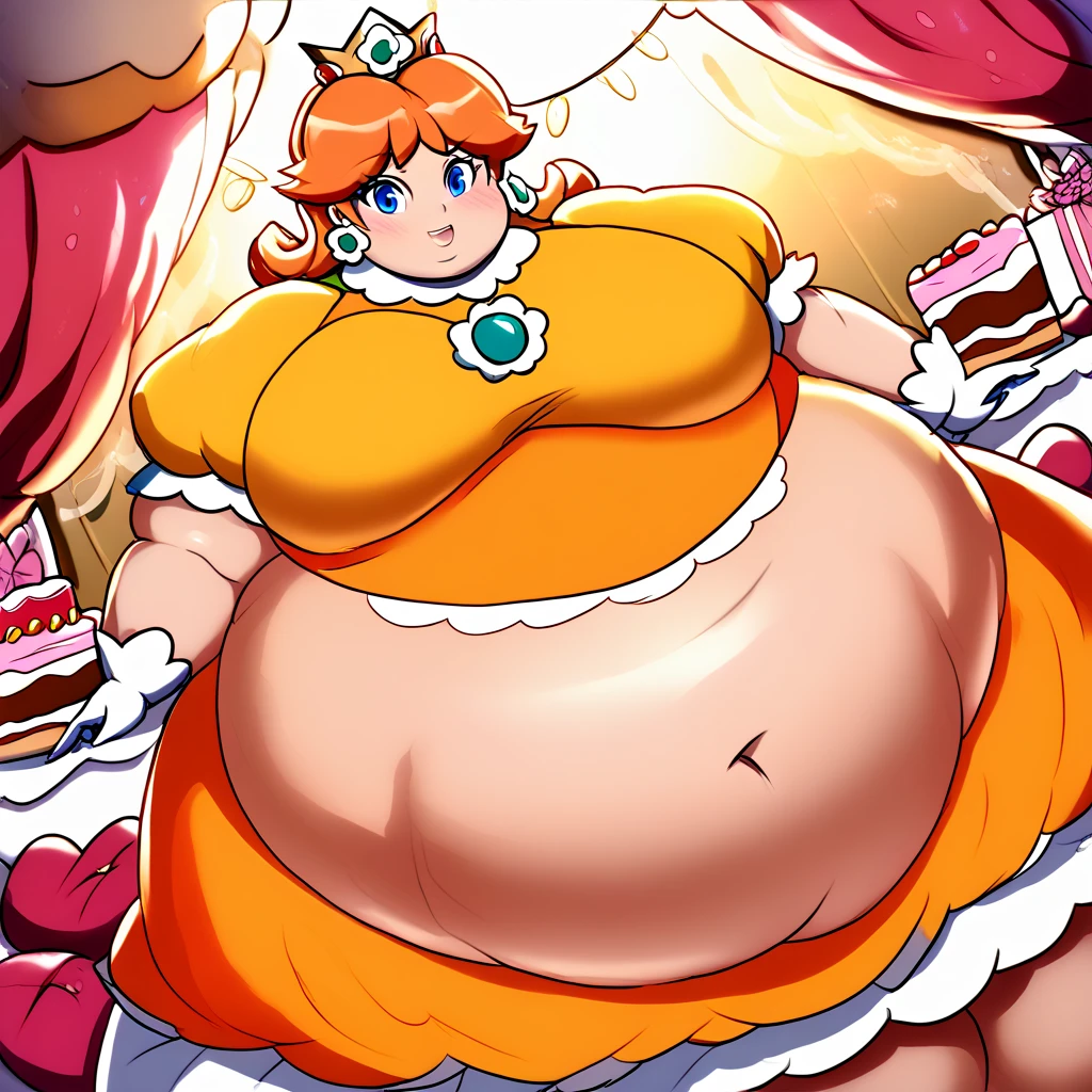 best quality, (kawaii:1.1), (cute), (high resolution:1.2), incredibly fine illustration BREAK 1girl, milf, bimbo, orange curly long hair, crown, princess, turquoise dress, ribbons, stuffed, obese, blob, gigantic belly, wide hips, busty, sweating, blushing, happy, cream, pastries, castle