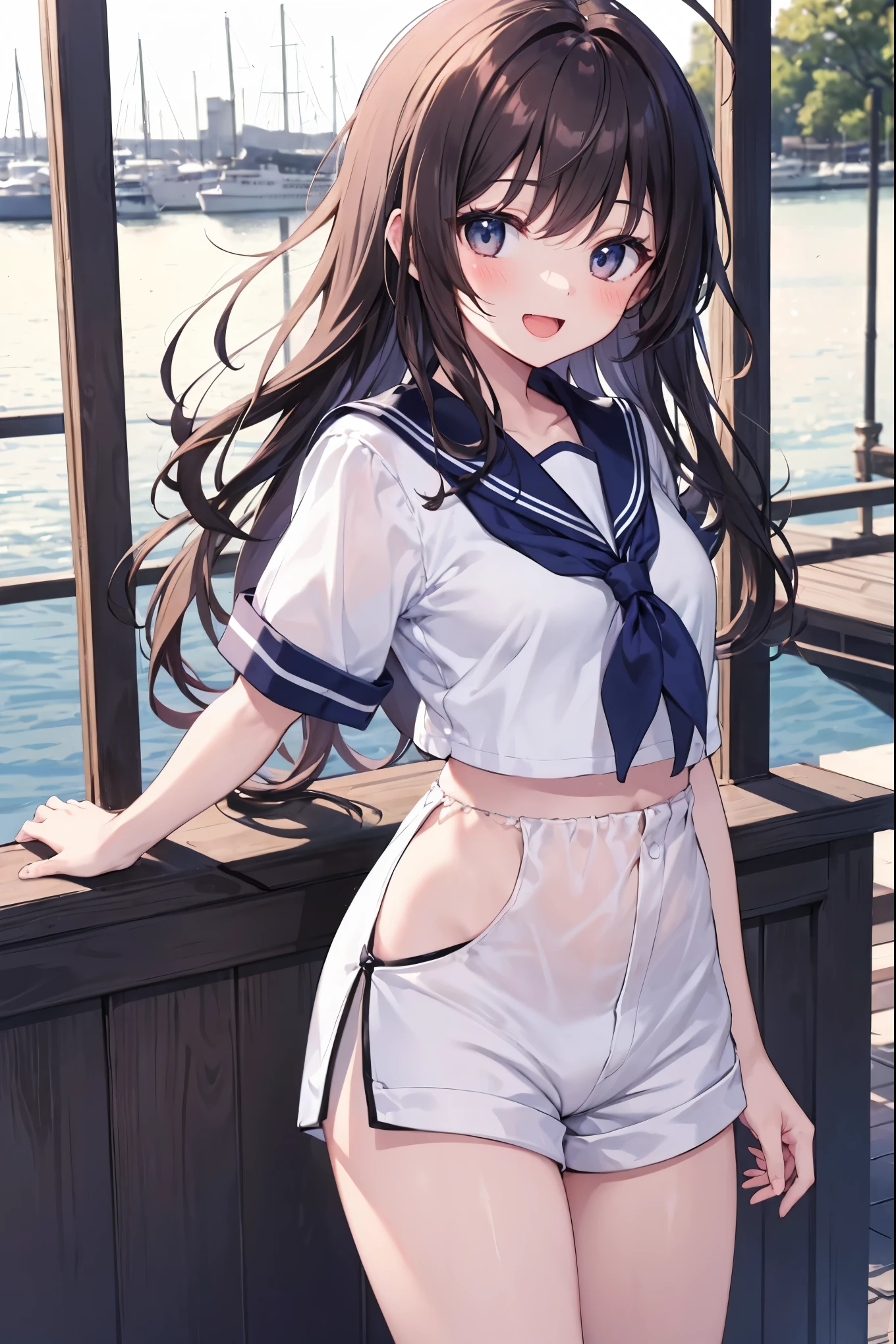 masterpiece, best quality, integrated scenery, integrated background, extremely delicate and beautiful, meticulous details, good composition, , cute face, perfect face, 1young__ girl, brown_hair, long_hair, sailor_uniform,white_ baggy_shorts, short_sleeve, thighs, small_breasts, big_smile, open_mouth, standing, harbor_background, slightly_spread_legs, happiness, covered_crotch,ahoge,XD,exciting,