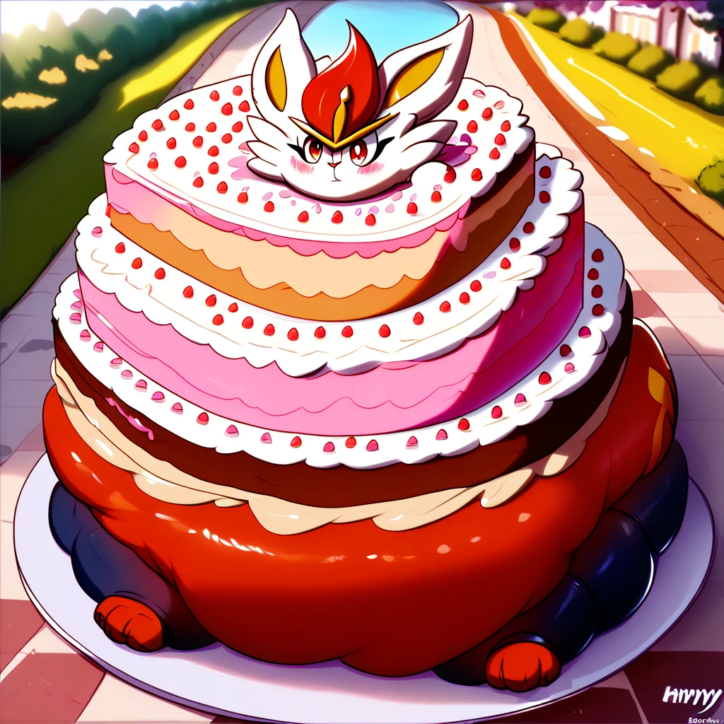 Living cake, score_9, score_8_up, score_7, 4K definition, high defitinition, best quality, master piece, great artist, good coloring, good shadows, highly detailed, dynamic angle, solo, 1girl, anthro, SFW, white furr, furr, dynamic pose, Cinderace_(Pokemon),Red Eyes,Rabbit Girl, paws, park background, sunny day, blurry background, fat, chubby, obese, gigantic arms and legs, blush