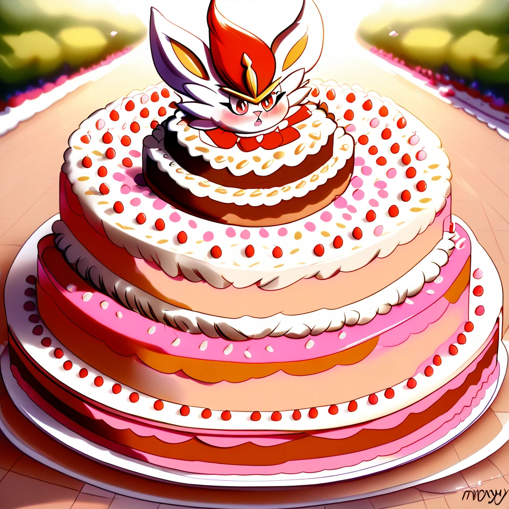 Living cake, score_9, score_8_up, score_7, 4K definition, high defitinition, best quality, master piece, great artist, good coloring, good shadows, highly detailed, dynamic angle, solo, 1girl, anthro, SFW, white furr, furr, dynamic pose, Cinderace_(Pokemon),Red Eyes,Rabbit Girl, paws, park background, sunny day, blurry background, fat, chubby, obese, gigantic arms and legs, blush