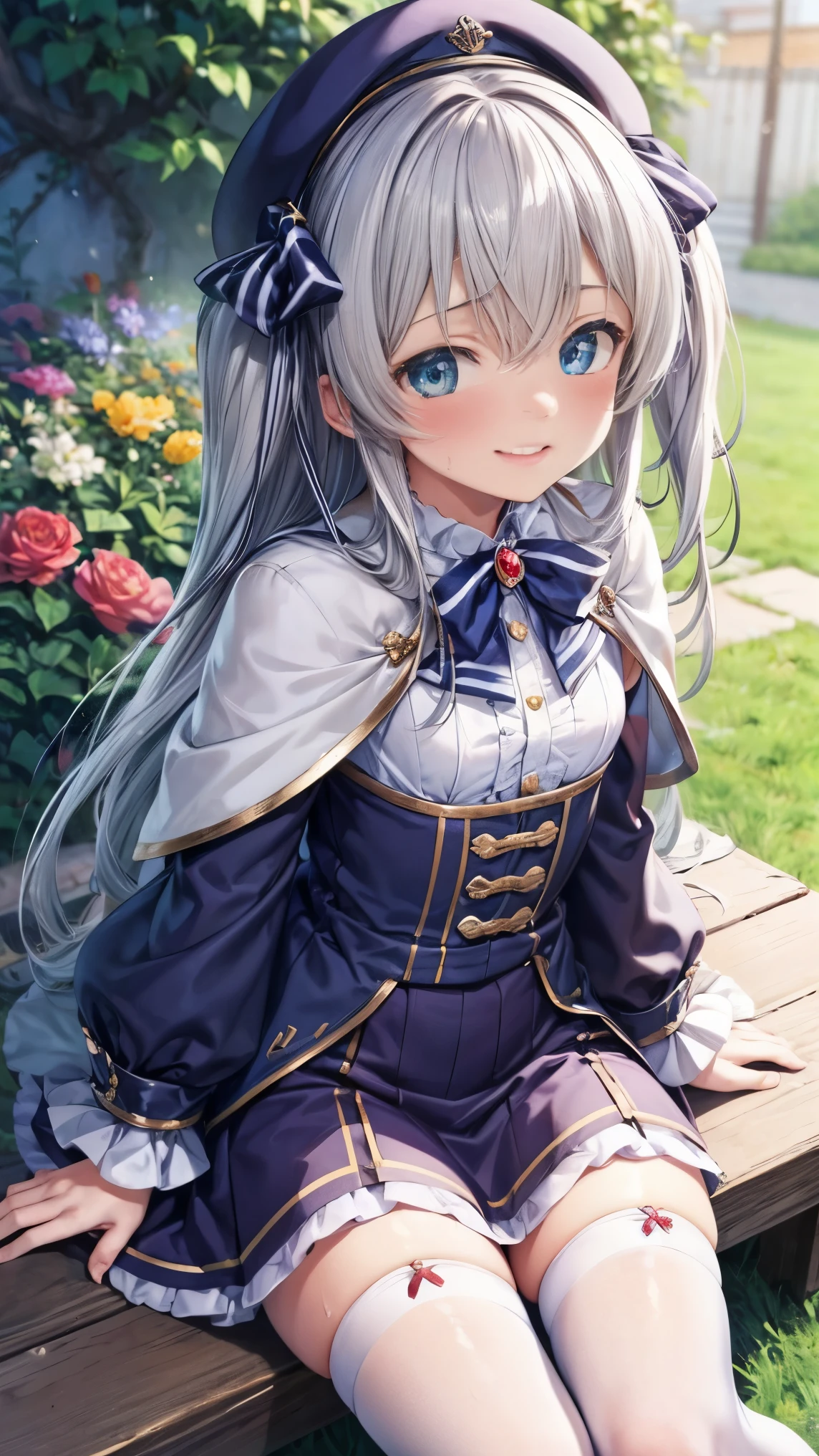 best quality,4k,8k,1girl,(small breasts,li),smile,blush,sweat,short eyebrows, upturned eyes,celia claire,white capelet,thighhighs,fantasy,garden