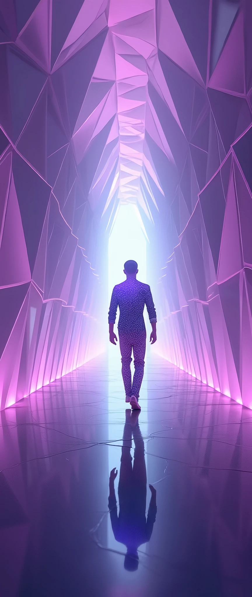 (Masterpiece:1.2,EXCEPTIONAL QUALITY  ,Mirror Finish , Cinematic experience  , The best illustrations :2.0, very detailed.2.0),8k, wallpaper,(A never-ending hallway),( A man with an abstract hologram walks through a tunnel with endless purple equilateral triangles layered on top of each other composed of holograms:2.0),(Abstract Geometric Hallway :2.0),( vector art:2.0),(Virtual Space:2.0),( digital art:2.0),(Infinitely Looping Digital Hallway :2.0)