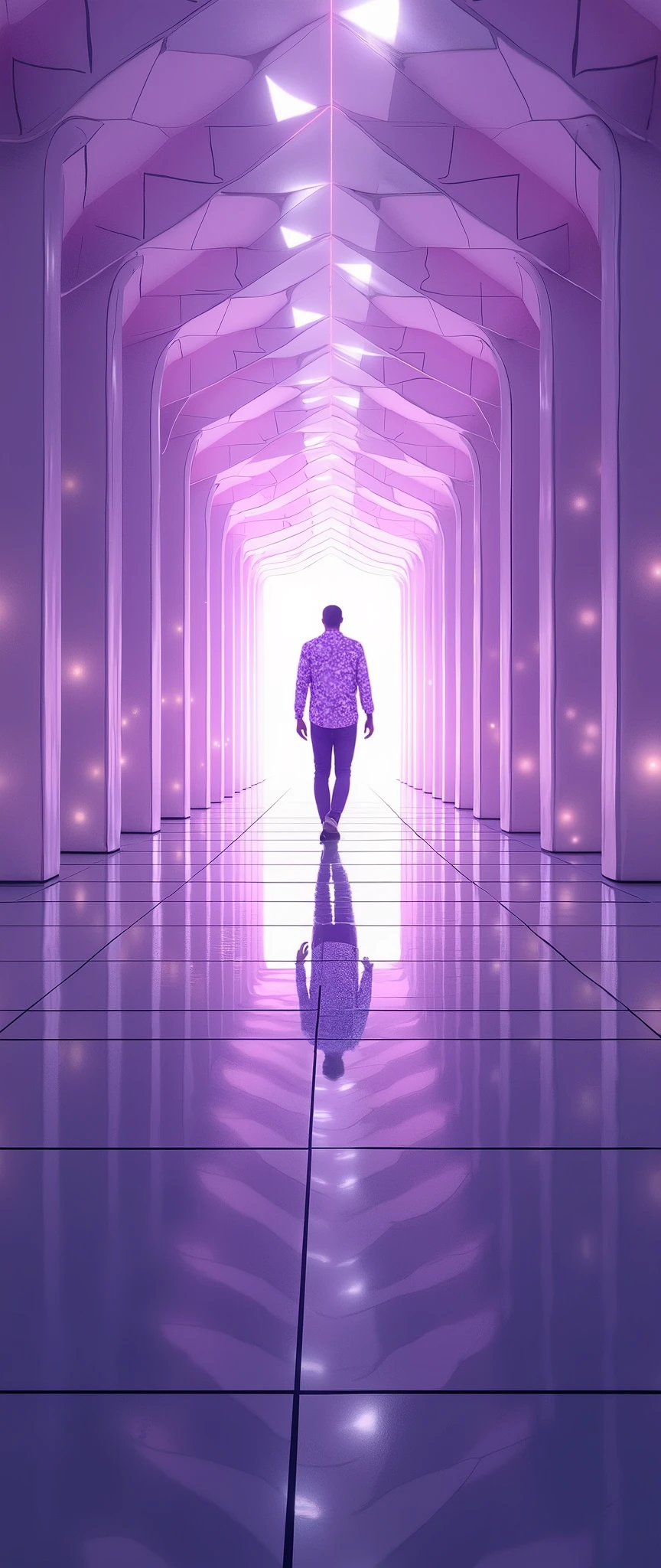 (Masterpiece:1.2,EXCEPTIONAL QUALITY  ,Mirror Finish , Cinematic experience  , The best illustrations :2.0, very detailed.2.0),8k, wallpaper,(A never-ending hallway),( A man with an abstract hologram walks through a tunnel with endless purple equilateral triangles layered on top of each other composed of holograms:2.0),(Abstract Geometric Hallway :2.0),( vector art:2.0),(Virtual Space:2.0),( digital art:2.0),(Infinitely Looping Digital Hallway :2.0)