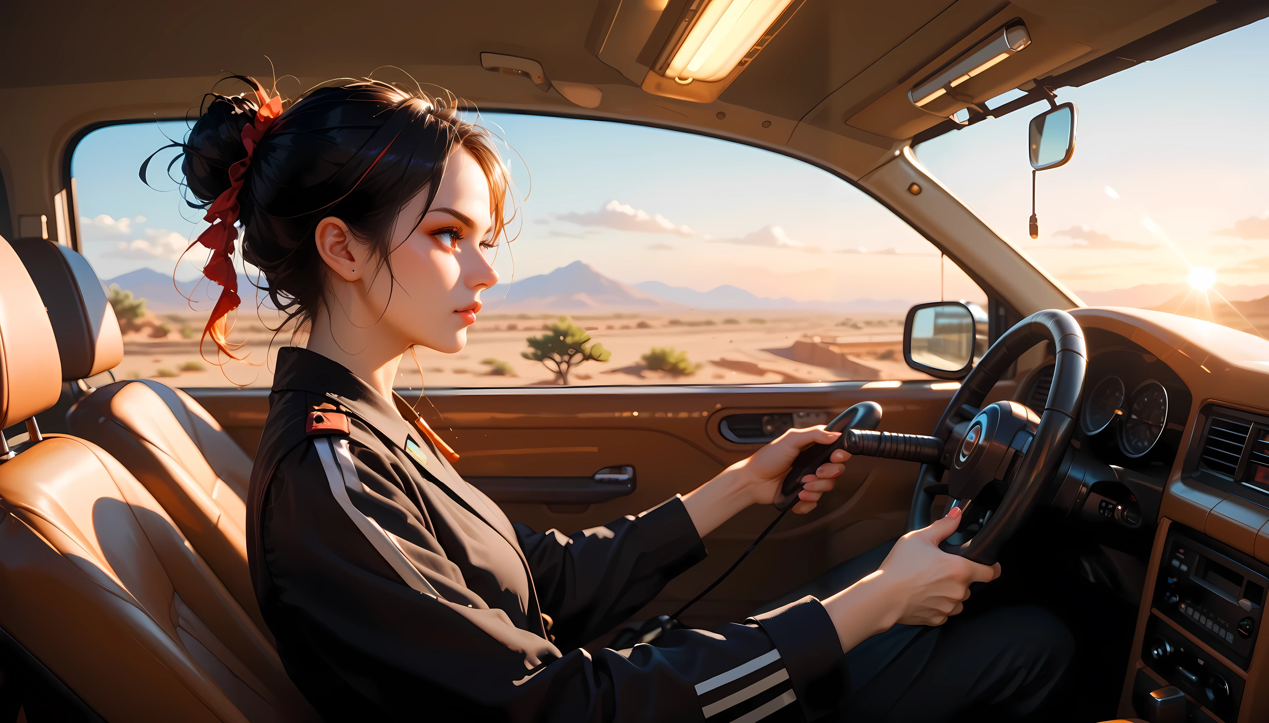 "An anime-style illustration of a woman inside a standard car, viewed from a side angle. She is wearing an all-black outfit, giving off a stylish and confident look, with both hands on the steering wheel. The background shows a desert highway during sunset, with warm orange and red skies stretching over the horizon. The focus is on her determined expression, with the interior illuminated by the golden light."
