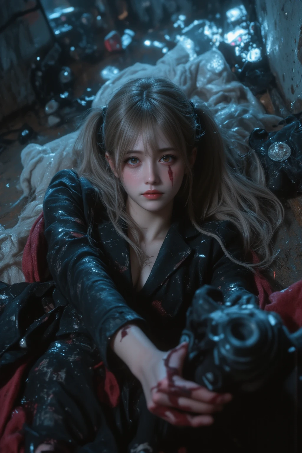 A breathtakingly beautiful female assassin, reminiscent of John Wick, lying on the ground in her final moments after a fierce gunfight. Her sleek black suit is torn and bloodied, revealing the intensity of the battle she has endured. Her expression is a mix of pain, defiance, and serenity, as if she accepts her fate but refuses to surrender her dignity. Her piercing eyes still hold a glimmer of determination, even as blood trickles down her face and her hand weakly grips a custom, high-tech pistol. The scene is illuminated by the soft glow of neon lights from a rain-soaked urban alley, with reflections shimmering off the wet pavement. Empty shell casings and scattered weapons surround her, telling the story of her last stand. The lighting is cinematic, with a dramatic contrast between the cold blues of the environment and the warm reds of her blood. Ultra-realistic and highly detailed, capturing emotion, action, and atmosphere.