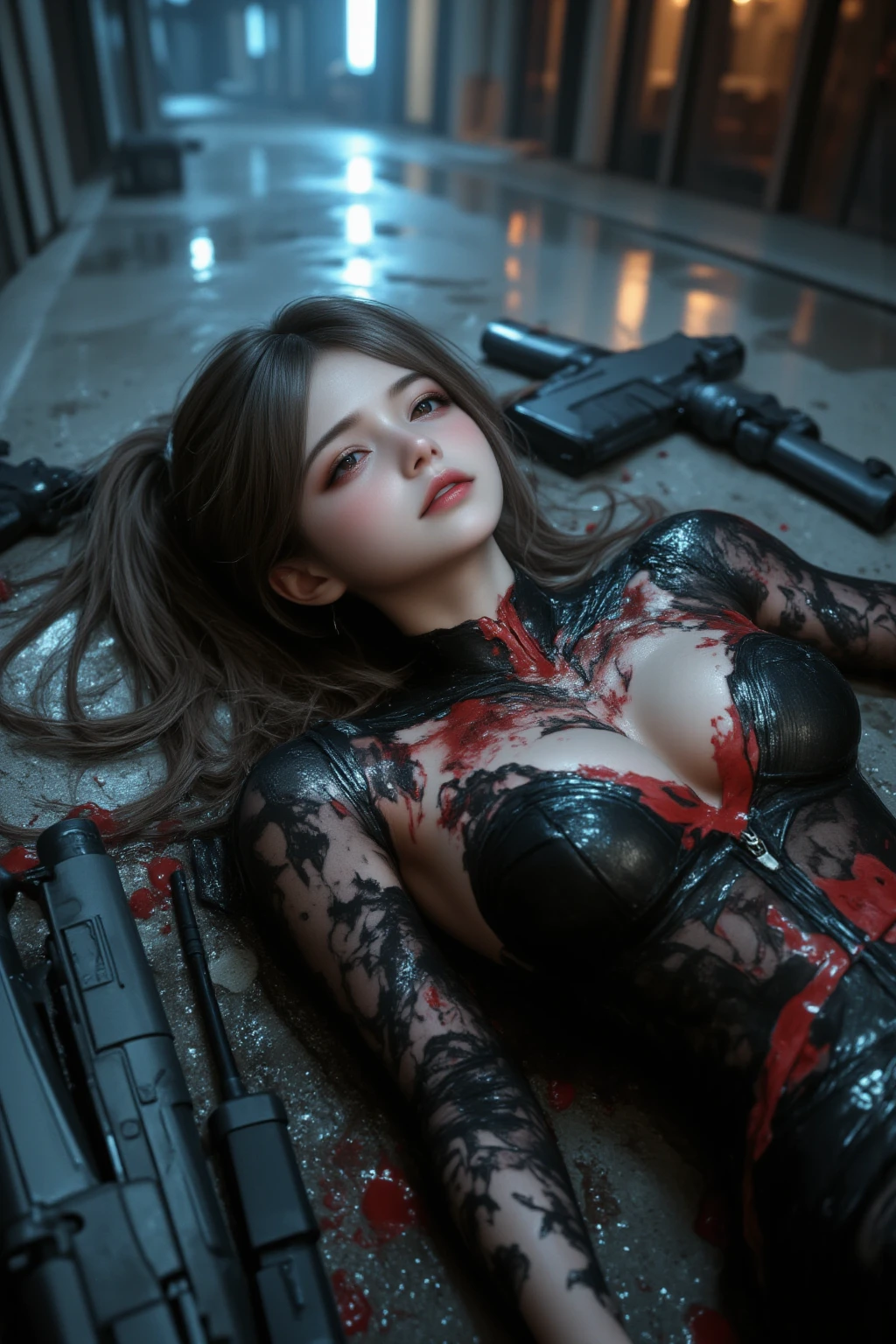 A breathtakingly beautiful female assassin, reminiscent of John Wick, lying on the ground in her final moments after a fierce gunfight. Her sleek black suit is torn and bloodied, revealing the intensity of the battle she has endured. Her expression is a mix of pain, defiance, and serenity, as if she accepts her fate but refuses to surrender her dignity. Her piercing eyes still hold a glimmer of determination, even as blood trickles down her face and her hand weakly grips a custom, high-tech pistol. The scene is illuminated by the soft glow of neon lights from a rain-soaked urban alley, with reflections shimmering off the wet pavement. Empty shell casings and scattered weapons surround her, telling the story of her last stand. The lighting is cinematic, with a dramatic contrast between the cold blues of the environment and the warm reds of her blood. Ultra-realistic and highly detailed, capturing emotion, action, and atmosphere.