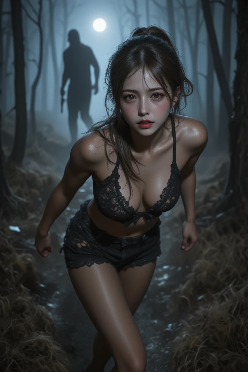 (masterpiece, Highest quality), (夜のdark森), One Girl, young teen, Black gym bloomers, High Leg、School Shirt, Standing in the forest at night, Looking up at the forest、Anxious expression, Emotional, Wide-angle, dark, Best Shadow, watercolor, In the deep forest at night、Anxious expressionを浮かべる、Face twisted in fear、shout、surrounded by monsters、Being attacked by monsters、Cowboy Shot、