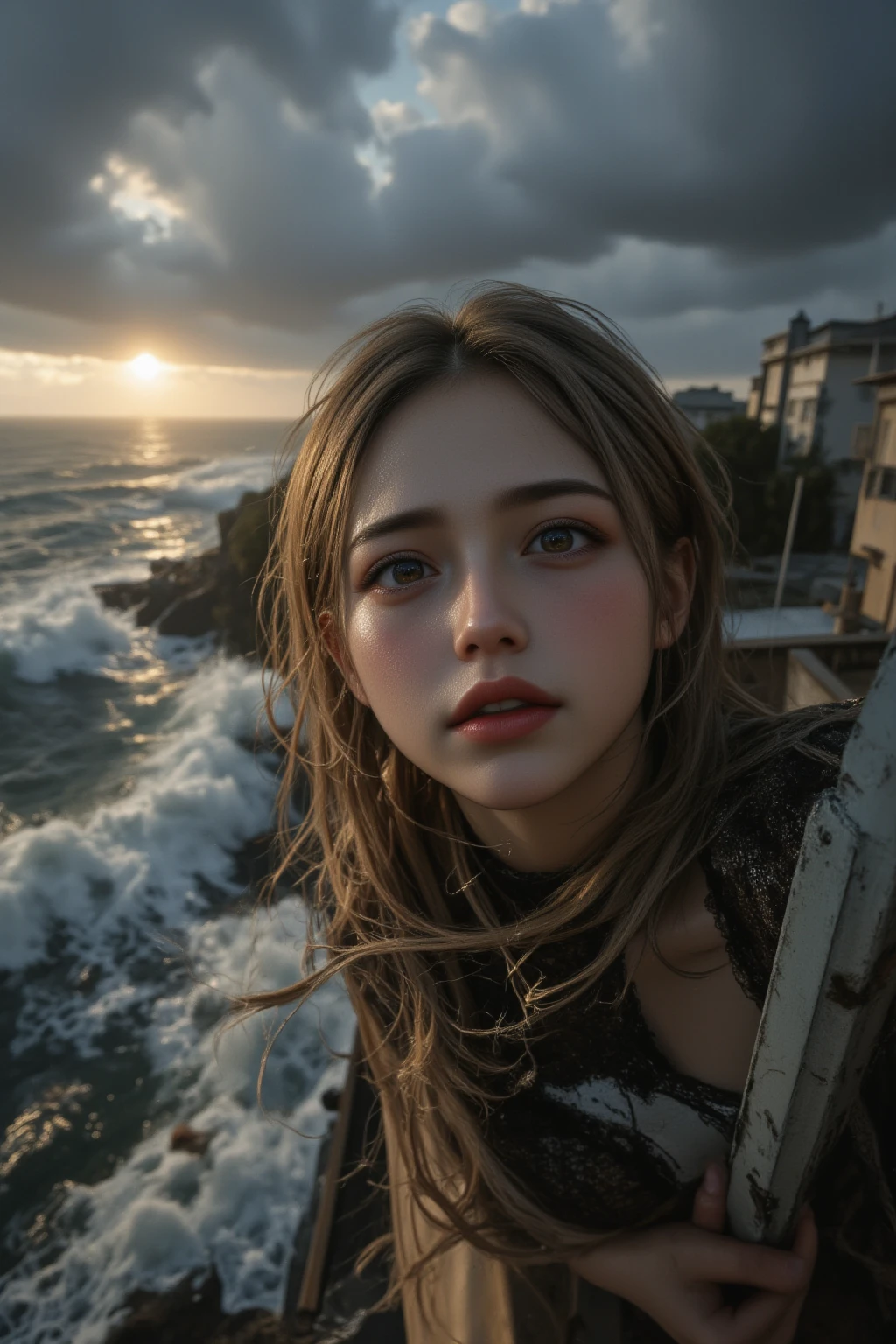 A breathtakingly beautiful woman stranded on the rooftop of a small building surrounded by a vast and chaotic tsunami. Her expression shows a mix of desperation and resilience as she clings to a metal beam for safety. Her hair is wet and disheveled, clinging to her face, and her clothes are soaked, emphasizing the dire situation. The scene captures the raw power of nature with towering waves crashing around her, debris floating in the water, and a dramatic, stormy sky above. The lighting is moody and dramatic, with the soft glow of a setting sun piercing through dark, ominous clouds, highlighting her figure amidst the devastation. Highly detailed and photorealistic, with a focus on emotional intensity and environmental realism.