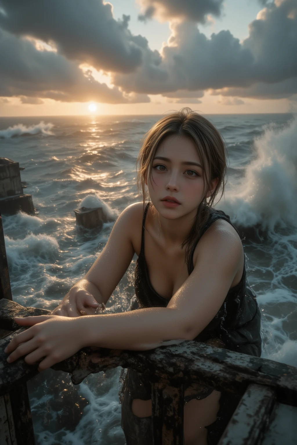 A breathtakingly beautiful woman stranded on the rooftop of a small building surrounded by a vast and chaotic tsunami. Her expression shows a mix of desperation and resilience as she clings to a metal beam for safety. Her hair is wet and disheveled, clinging to her face, and her clothes are soaked, emphasizing the dire situation. The scene captures the raw power of nature with towering waves crashing around her, debris floating in the water, and a dramatic, stormy sky above. The lighting is moody and dramatic, with the soft glow of a setting sun piercing through dark, ominous clouds, highlighting her figure amidst the devastation. Highly detailed and photorealistic, with a focus on emotional intensity and environmental realism.