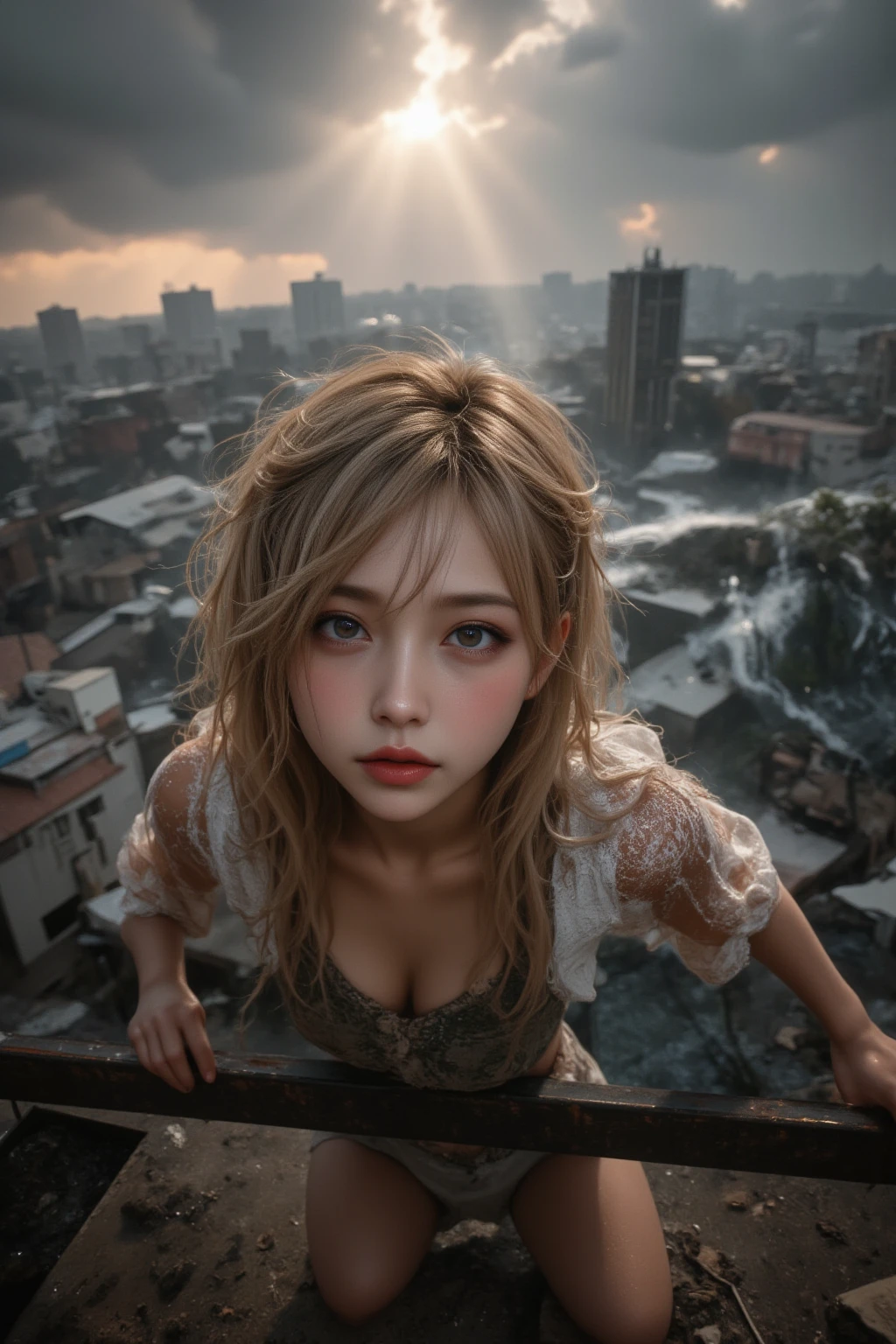 A breathtakingly beautiful woman stranded on the rooftop of a small building surrounded by a vast and chaotic tsunami. Her expression shows a mix of desperation and resilience as she clings to a metal beam for safety. Her hair is wet and disheveled, clinging to her face, and her clothes are soaked, emphasizing the dire situation. The scene captures the raw power of nature with towering waves crashing around her, debris floating in the water, and a dramatic, stormy sky above. The lighting is moody and dramatic, with the soft glow of a setting sun piercing through dark, ominous clouds, highlighting her figure amidst the devastation. Highly detailed and photorealistic, with a focus on emotional intensity and environmental realism.