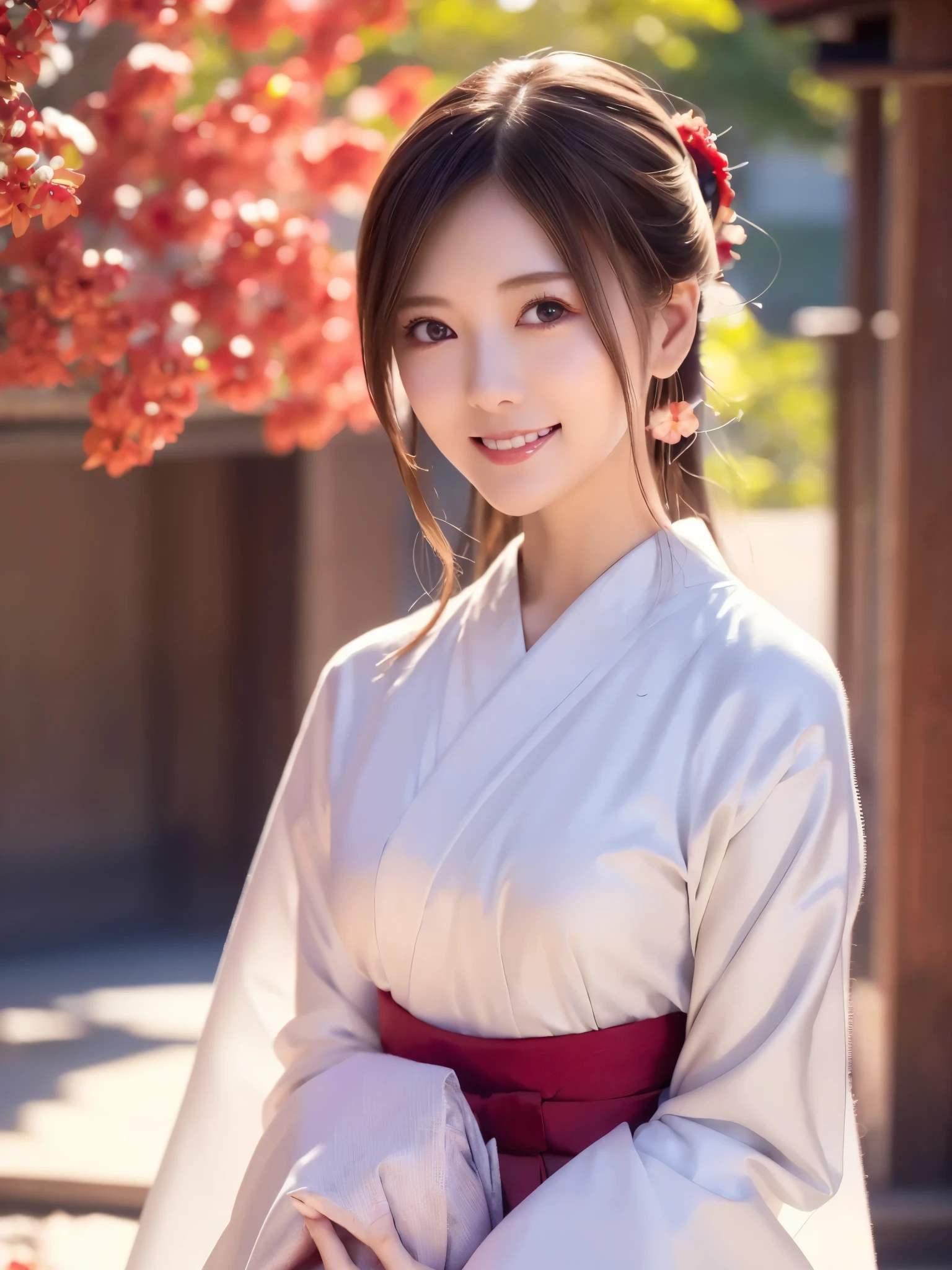 ( face close-up:1.2)、 top quality、 ultra high definition、(Photographically: 1.3)、 beautiful eyes、 very beautiful、 shiny hair 、Mature and elegant、(smile:1.2)、kawaii miko girl, wearing japanese white clothes,red hakama, in a Japanese shrine, 45 angle by krenz cushart and Mucha, golden hour lighting, strong rim light, intense shadows)