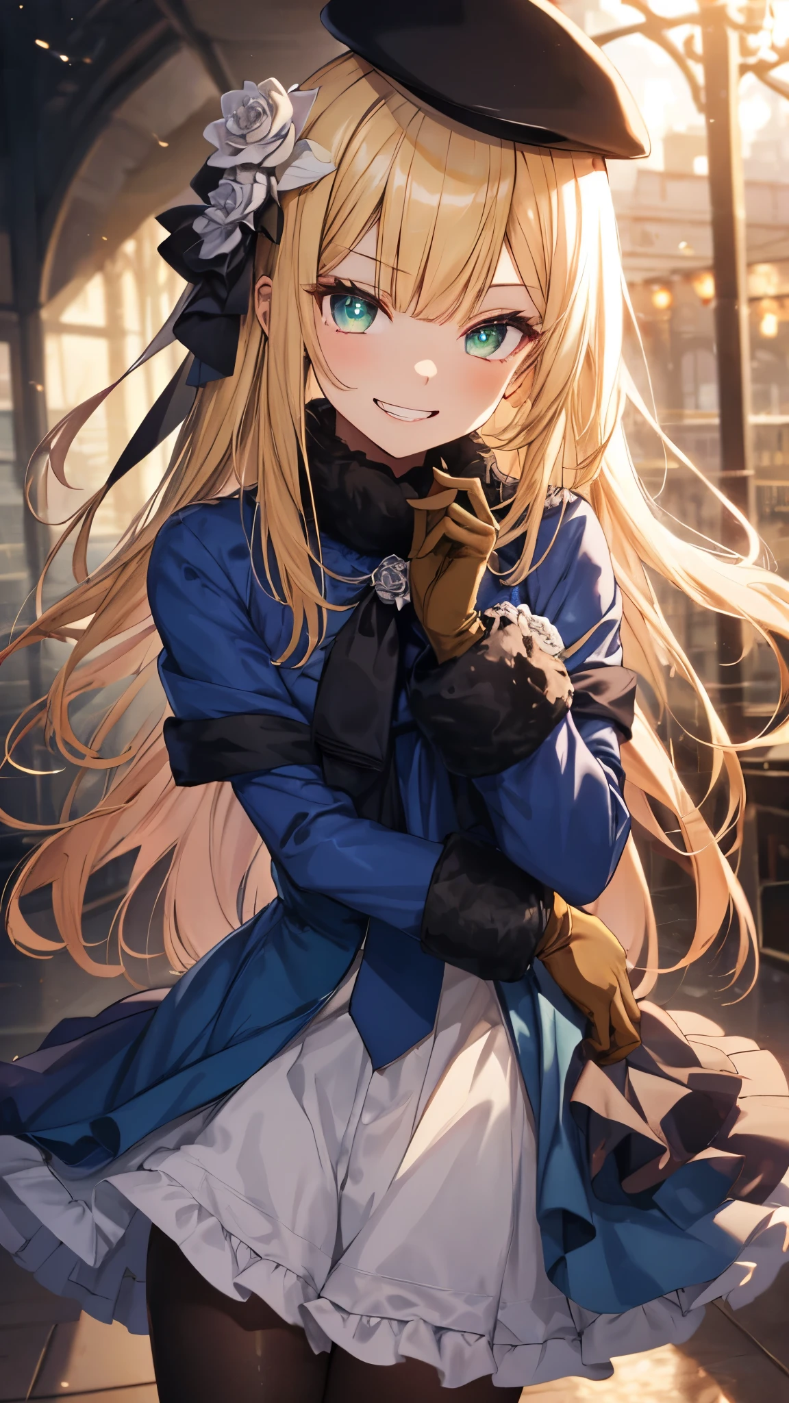 1girl,solo,reines, yellow hair, (green eyes), long hair, bangs, blunt bangs,
beret, black headwear, black ribbon, blue dress, brown gloves, dress, flower, fur collar, fur trim, fur-trimmed sleeves, gloves, grin, hair flower, hair ornament, hair ribbon, hat, long sleeves, ribbon, rose, tilted headwear, white flower, white rose,masterpiece,Noise Reduction,perfect anatomy,high resolution, ultra-detailed, ultra-detailed face,game cg,dutch angle ,beautiful detailed eyes,visualart,five fingers, perfect hands, perfect lighting, sparkling pupils,