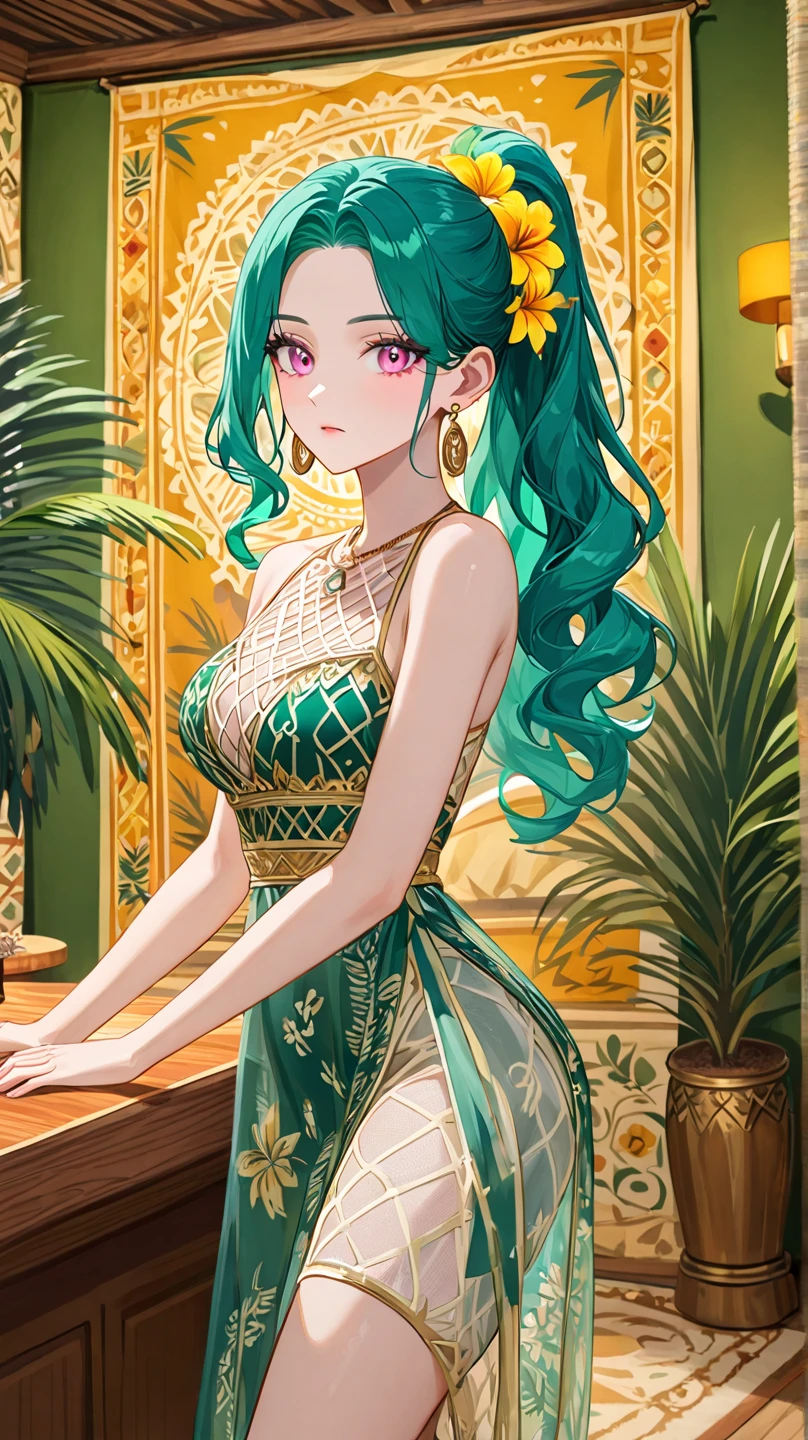 a woman with long wavy dark teal green hair, pink eyes, latin yellow white flower pattern summer mesh outfit, gold earings, palm, (((alone))), red white yellow green tapestry, latin room, mexican room, ponytail, tiki bar