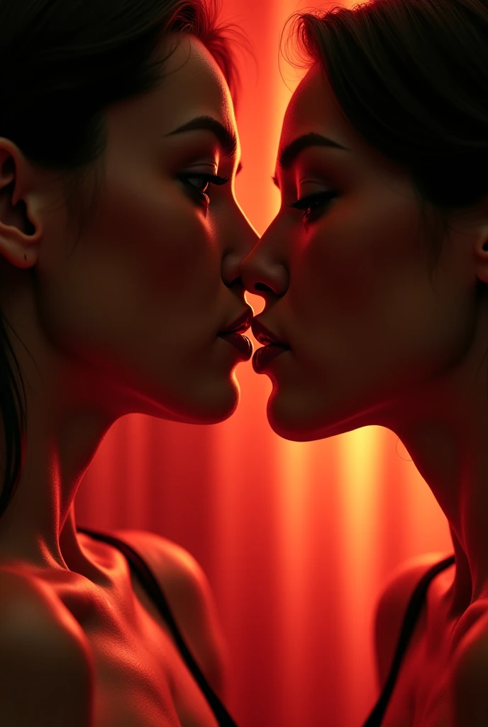 a sensual portrait of two women, close and intimate, masterful 3D render, highly detailed, photorealistic, cinematic lighting, chiaroscuro, soft focus, romantic, tender, erotic