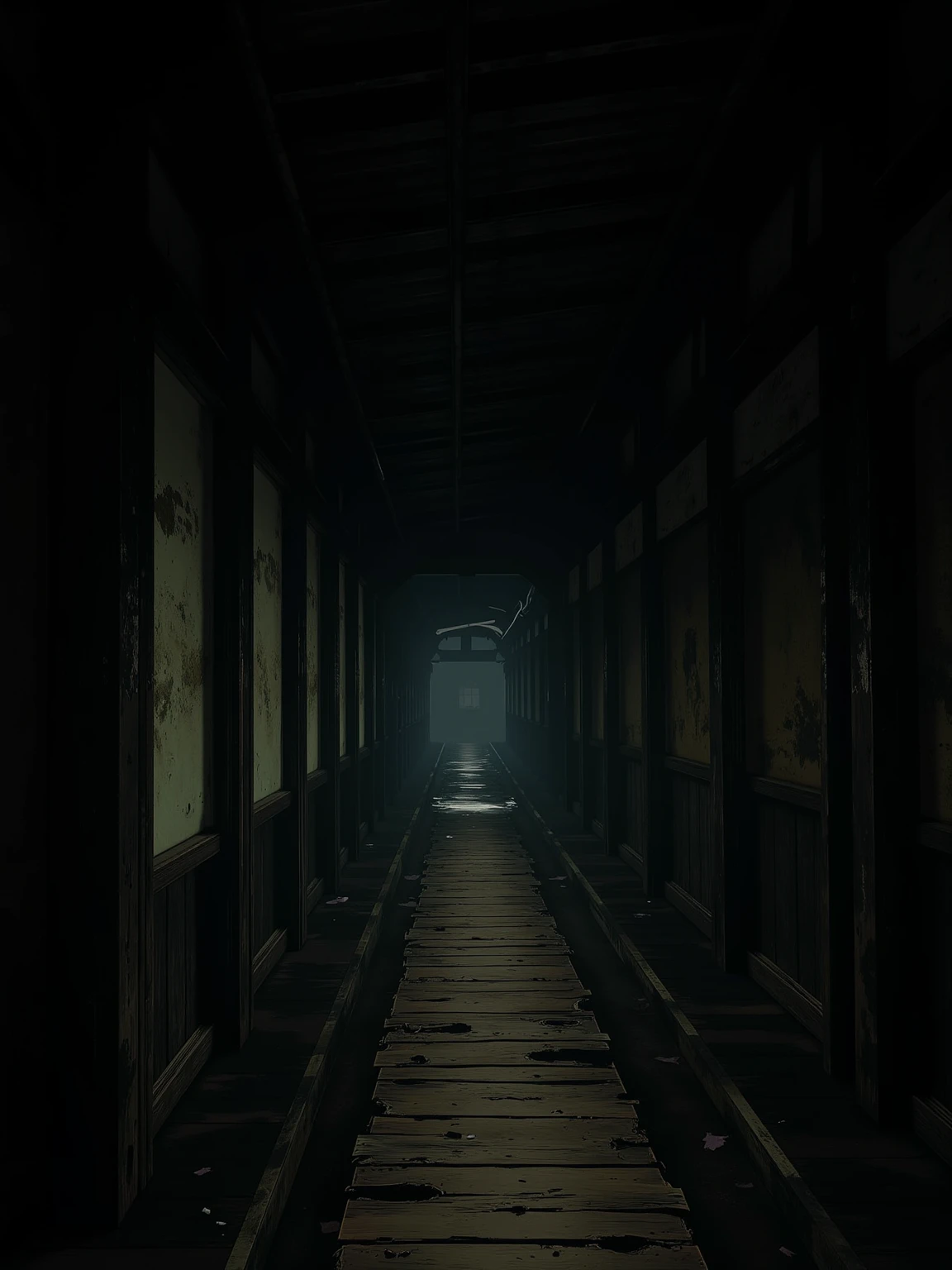 (masterpiece:1.3, UHD:1.2, highres:1.3, top quality, clarity:1.3), The eternal corridor:1.3, A dark and scary Japanese mansion:1.3, A wooden corridor leading into darkness:1.3, 8k wall paper:1.3