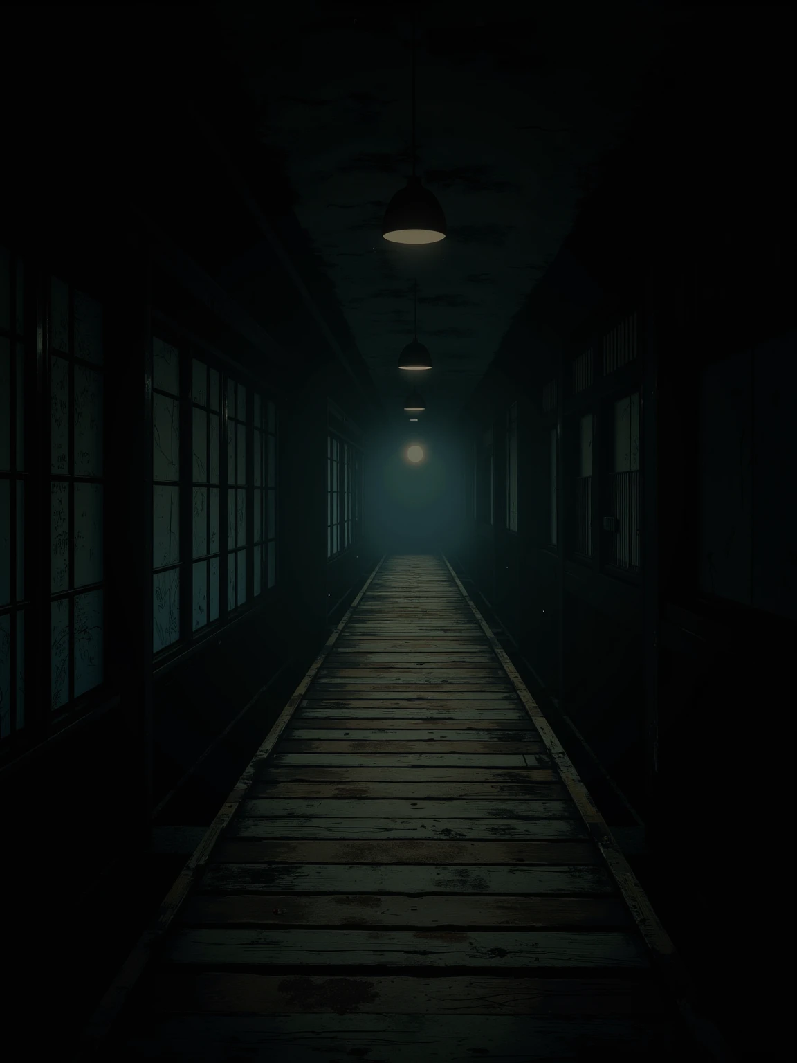 (masterpiece:1.3, UHD:1.2, highres:1.3, top quality, clarity:1.3), The eternal corridor:1.3, A dark and scary Japanese mansion:1.3, A wooden corridor leading into darkness:1.3, 8k wall paper:1.3