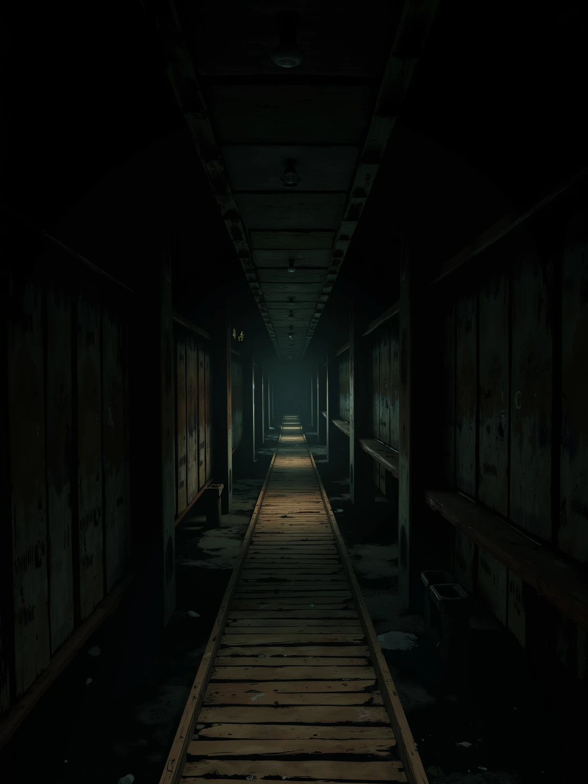 (masterpiece:1.3, UHD:1.2, highres:1.3, top quality, clarity:1.3), The eternal corridor:1.3, A dark and scary Japanese mansion:1.3, A wooden corridor leading into darkness:1.3, 8k wall paper:1.3