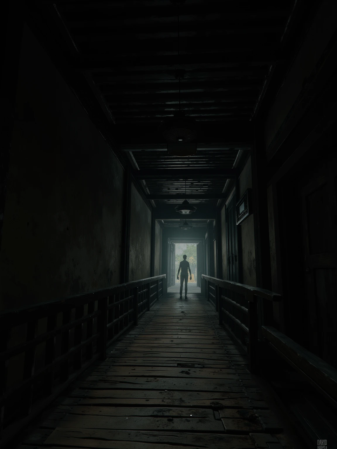 (masterpiece:1.3, UHD:1.2, highres:1.3, top quality, clarity:1.3), The eternal corridor:1.3, A dark and scary Japanese mansion:1.3, A wooden corridor leading into darkness:1.3, 8k wall paper:1.3