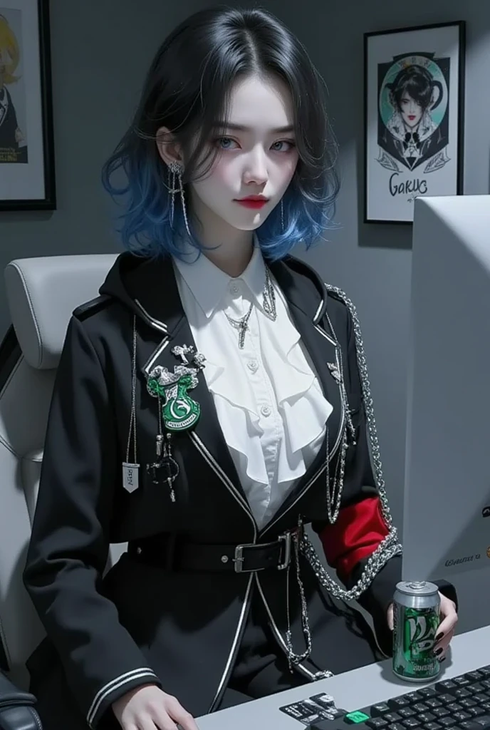 anime boy,  illustration、Kpop holiday 、Late Night、 one model in a stylish and cool Kpop Slytherin costume、 gamer's deployment room 、Black Wall、 she is streaming games on PC 、Drinking carbonic acid 、一人の美しく cool 若い女、boyfriend、bisexual 、 cool 、 blue hair mixed with black 、Short long hair、 arranged hair 、Handsome Hair、Small face、 white skin、Neutral face、Cool woman with a masculine face、 cute face、 cool sharp eyes 、Light blue eyes、sharp thin eyebrows 、 Tall、 excellent style 、 cool 物が好き、 black hoodie 、Age 19、Half-Japanese half-Korean woman、Fascinating fans、Seduce、 beautiful photo 、masterpiece、 top quality、 HD、 Fantastic、 dark background、 beautiful portrait、Men's makeup、 cute girl with piercings 、Story-like、Full-body shot of her