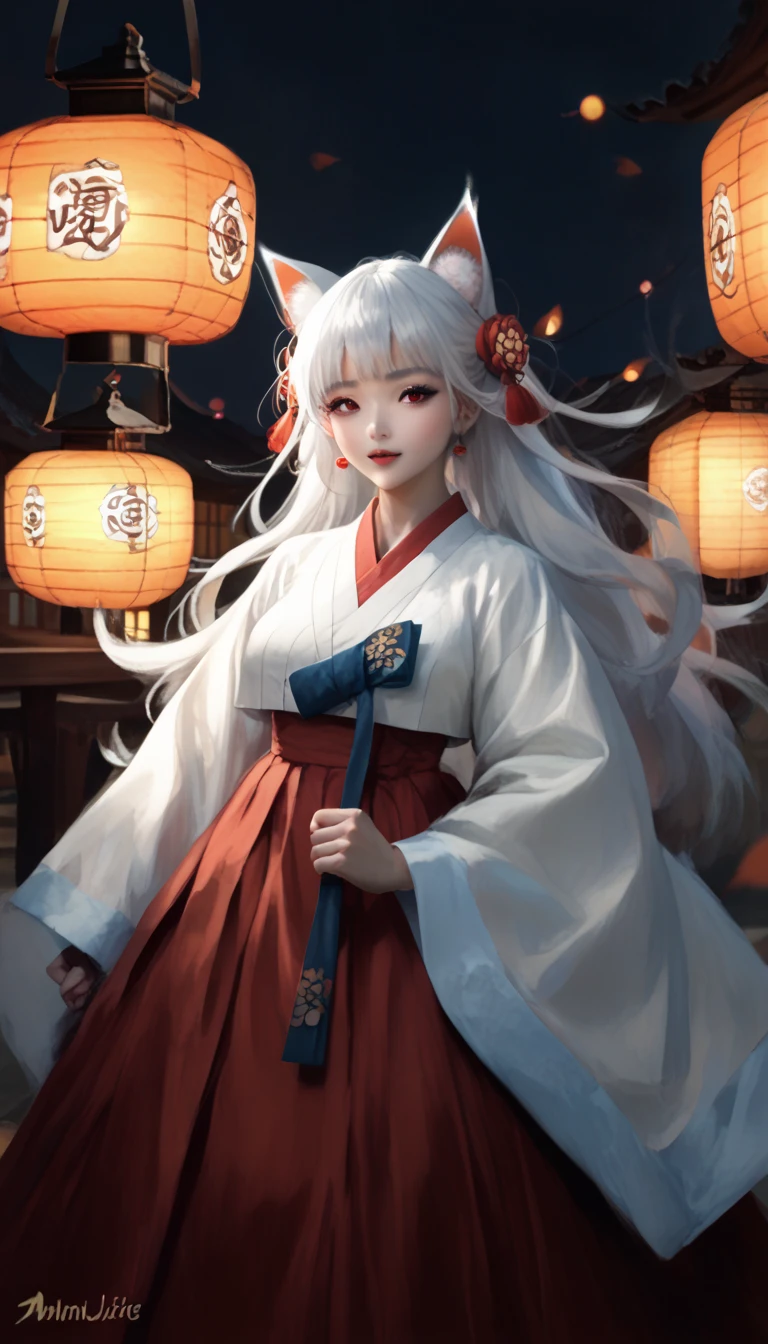 (masterpiece,  best quality :1.2), 1 woman,  alone, Gumiho, 여자 Gumiho,  Korean girl, Fox ears, fox tail, Hanbok,  white hair, Joseon dynasty houses, ( huge boobs :1.4),  red eyes, Lantern ,  long hair 