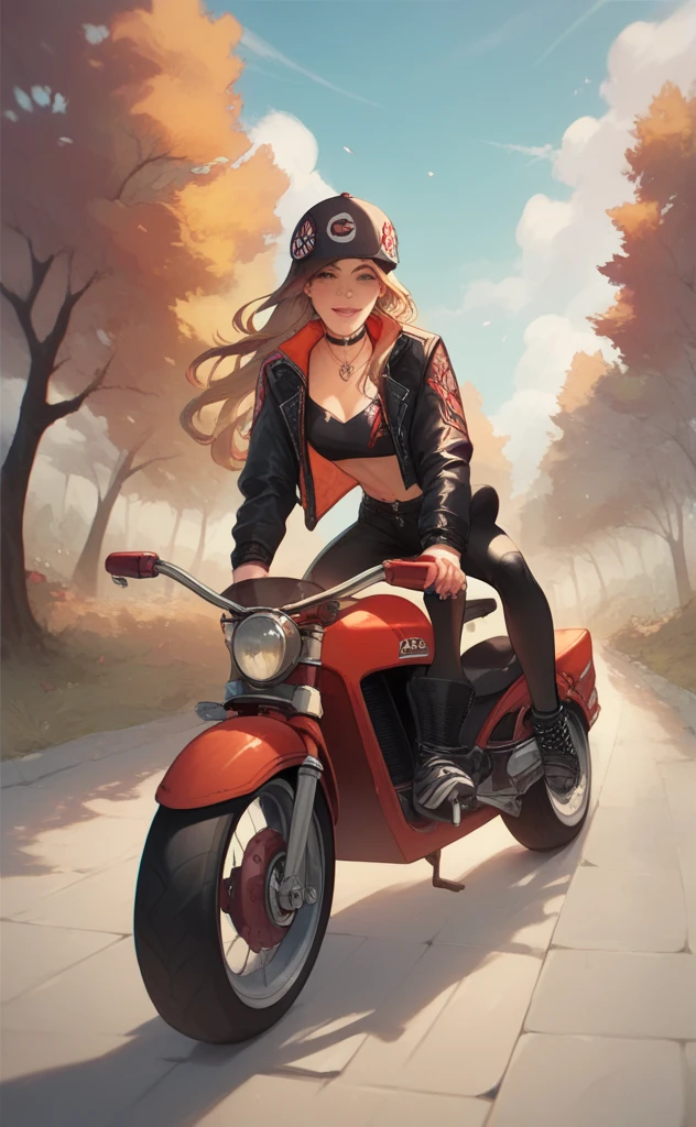 Masterpiece illustration of mavuika, wearing a black crop jacket, black pants, black heels, sexy, riding a scooter bike