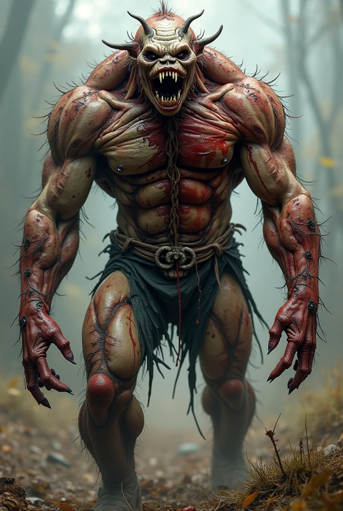 demon of flesh, muscular body, six arms, butcher axe, faceless demon, horror, dark atmosphere, black background