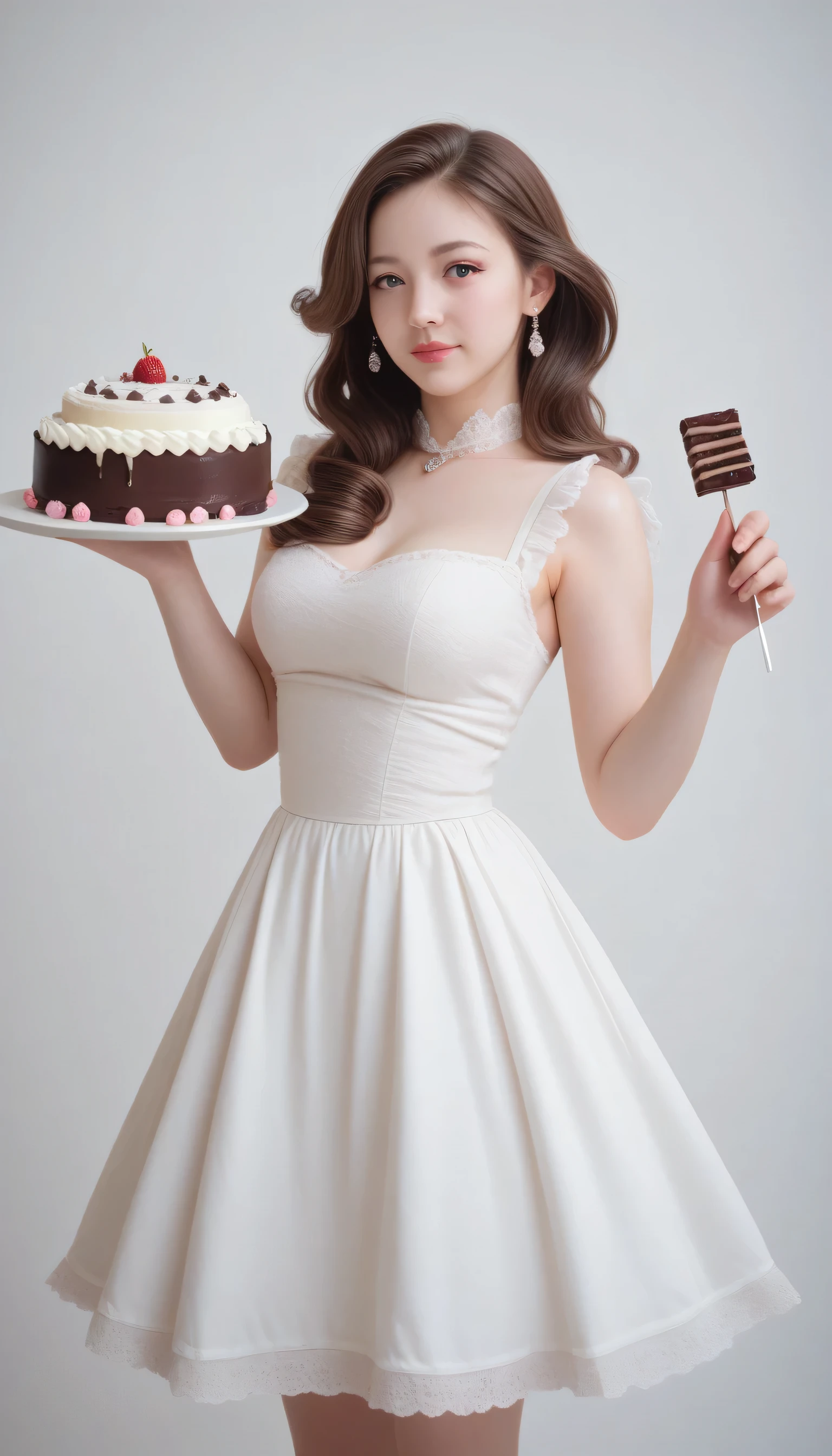 "A graceful girl with symmetrical hair styled in soft waves, wearing an elegant dress in pastel pink and cream white. She stands poised, holding two different cakes in her hands—a tall chocolate cake with rich decorations in one hand and a delicate fruit tart in the other. Her expression is thoughtful, as if carefully weighing their balance. The setting is a warm, classic tearoom with soft lighting and a refined atmosphere, emphasizing harmony and decision-making."