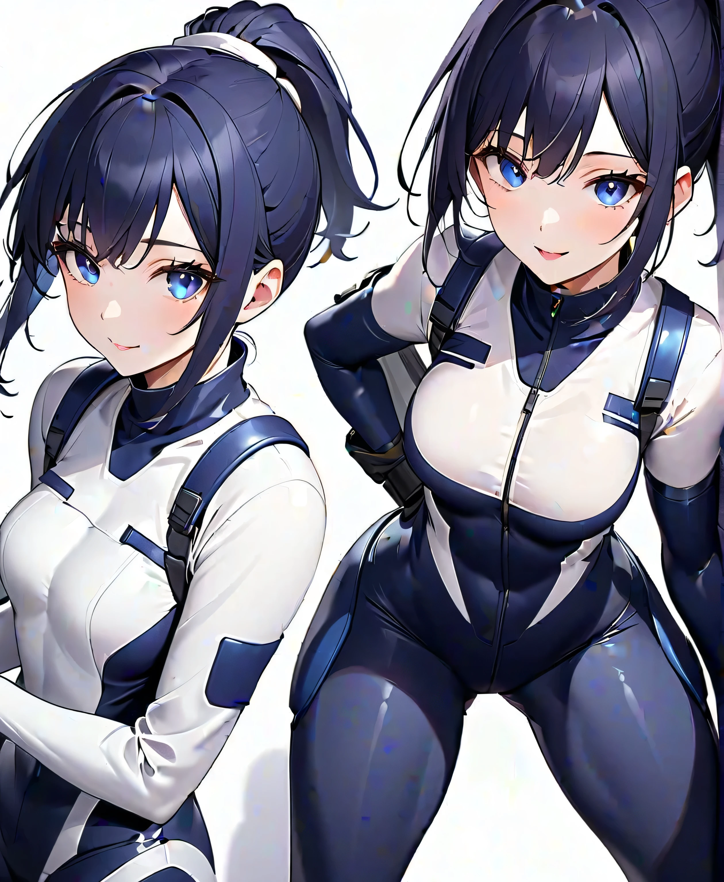 BREAK、(masterpiece、Highest quality、Highest Resolution、Clear_image、Detailed details): (One Girl's Full Body、Japanese Faces、High knot ponytail、cute、Dark blue hair girl、(Perfect body:1.4)、Sparkling blue eyes、(White and navy tight-fitting shiny pilot suit)、Very delicate and beautiful、Slim Body、Exoskeleton、cute系、Happy smile、Soft expression、heroine、White and navy blue long boots、Elbow-length gloves、headset)、(Simple Background、White background:1.6)