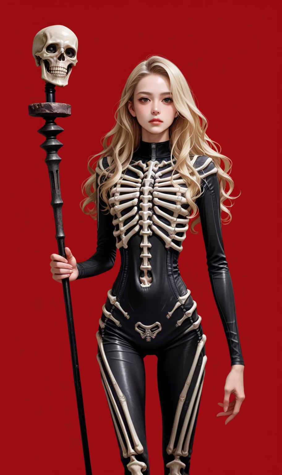 1girl,red background,,ruanyi1917,bodysuit,skeleton,ribs,
cowboy shot,holding scepter,holding book,score_9,score_8_up,score_7_up,,8k,1girl,solo,,, blonde hair,long hair,wavy hair,