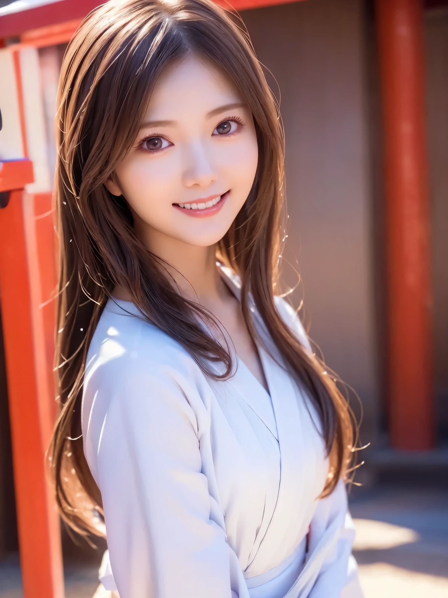 ( face close-up:1.2)、 top quality、 ultra high definition、(Photographically: 1.3)、 beautiful eyes、 very beautiful、 shiny hair 、Mature and elegant、(smile:1.2)、kawaii miko girl, wearing japanese white clothes,red hakama, in a Japanese shrine, 45 angle by krenz cushart and Mucha, golden hour lighting, strong rim light, intense shadows)