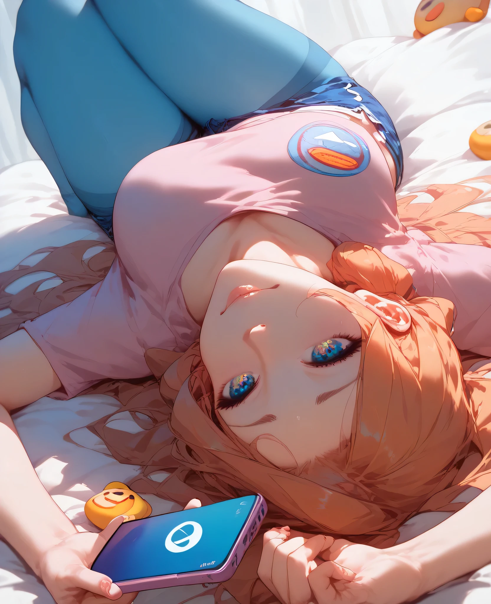 work of art, maximum quality , A girl, pink shirt and blue shorts, light blue tights , Long hair , hair orange color, collect, Ojos rojos, smiley look , lying on the bed , holding her phone , beautiful eyes