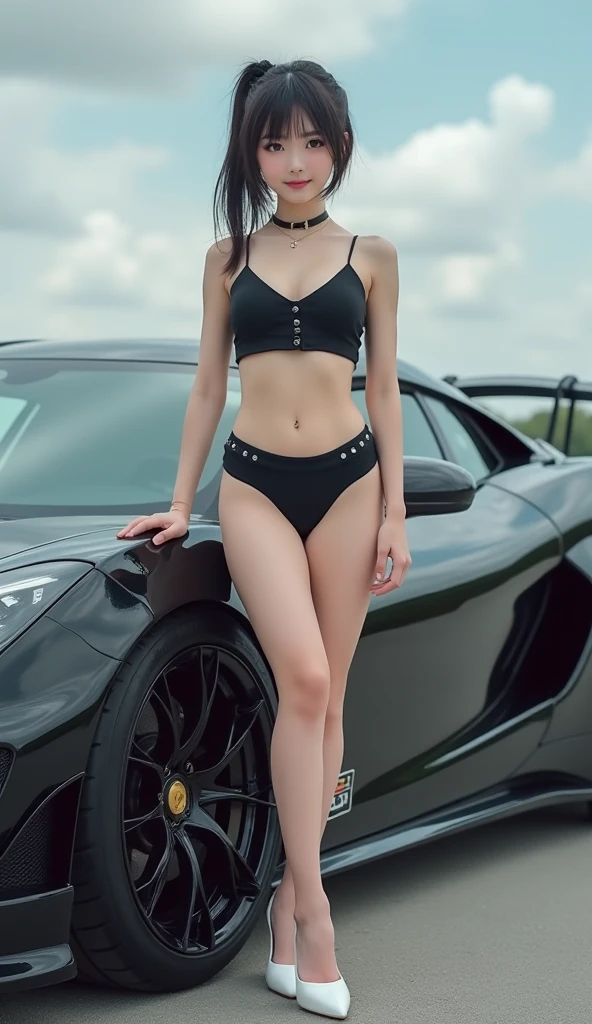 photorealistic Realism 8K, 16K Quality, fashion supermodel, (Glamour, paparazzi taking pictures of her), 1girl,underwear, ((Black strapless one-piece swimsuit:1.22)Insanely detailed:1.22), ((Sexy woman sitting on the engine cover of a sports car:1.3))、((spread your legs:1.23))、(show me your Black panties:1.35)、((nissan gtr:1.3))、 ((the most absurd quality perfect eyes:1.23)), (super detail beautiful slim and sharp-face), (light pale complexion), (Insanely detailed clear and sharp non blurry perfect round realistic brown_eyes:1.4), Detailed lips:1.3, (perfect proportions),(anatomically correct),(perfect female body:1.4),(firm big full breasts:1.2),slim face,beautiful cheekbones,((slim,muscled body:1.3)),finely detailed pupils,BREAK,detailed lips:1.3,(pink_makeup),(red_lipstick),(perfect dark_eyeshadows:1.1), iridescent eyes, with professional makeup, vibrant eyes:1.2, (Detailed nose:1.2),