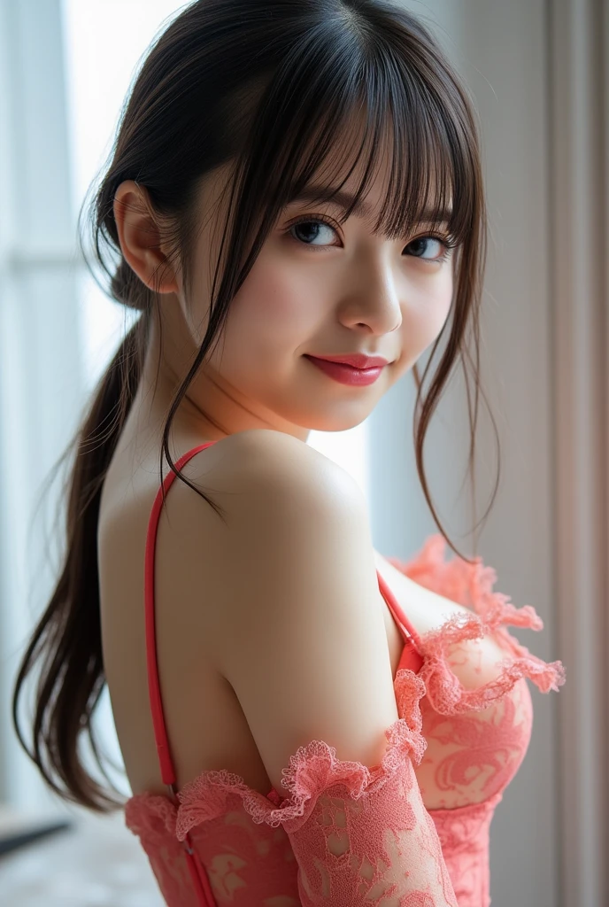 1 girl,  high definition,  top quality, underwear、cleavage cutout、 miniskirt 、 Low Twin Tails 、smile、透けているレース、nipples visible through clothes、covered erectile nipples、白い肌、