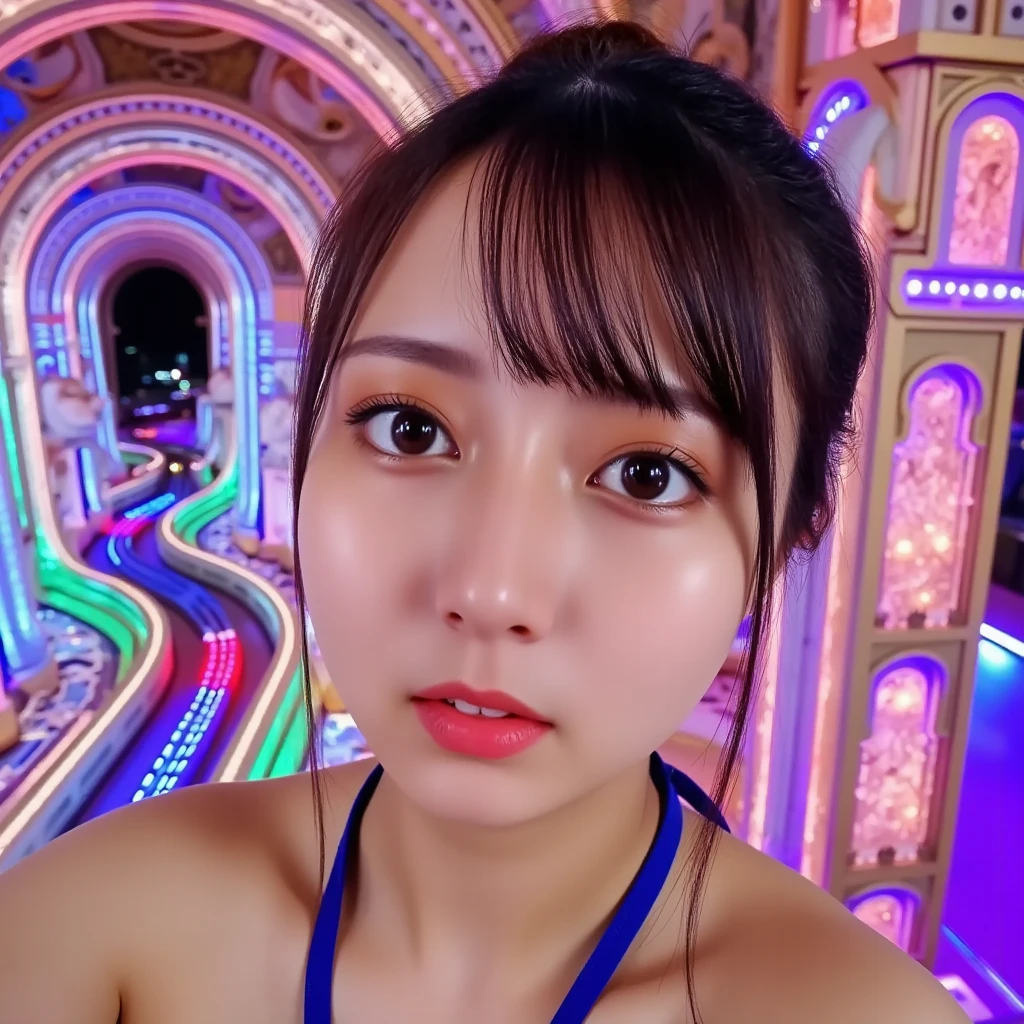 a fantasy endless colorful abstract corridor, intricate winding pathways, never ending path, corridor going to infinity, glowing multicolored lights, ethereal landscape, mesmerizing architecture, ornate details, 1girl, beautiful detailed eyes, beautiful detailed lips, extremely detailed eyes and face, long eyelashes, elegant colorful fantasy dress, making selfie with endless corridor in background, she stand on right side of frame, dramatic lighting, cinematic atmosphere, dreamlike environment, vibrant colors, highly detailed, photorealistic, 8k, award winning digital art, mad-nbla, Anie, Selfie, (SFW)