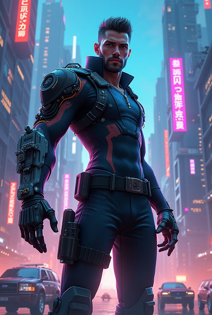 cyberpunk cyborg, bodybuilder, running, in the background a city, lightning in the sky, ultra details, ultra realistic, cinematic , octane render, 16k