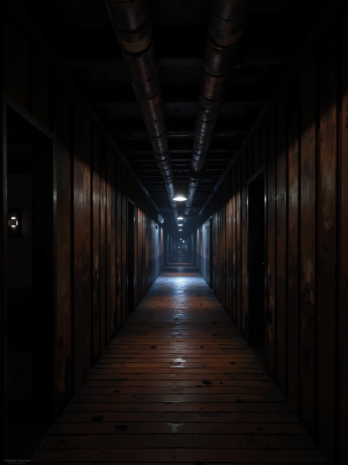 (masterpiece:1.3, UHD:1.2, highres:1.3, top quality, clarity:1.3), The eternal corridor:1.3, Many square rooms are tilted at an angle., A dark and scary Japanese mansion:1.3, A wooden corridor leading into darkness:1.3, 8k wall paper:1.3