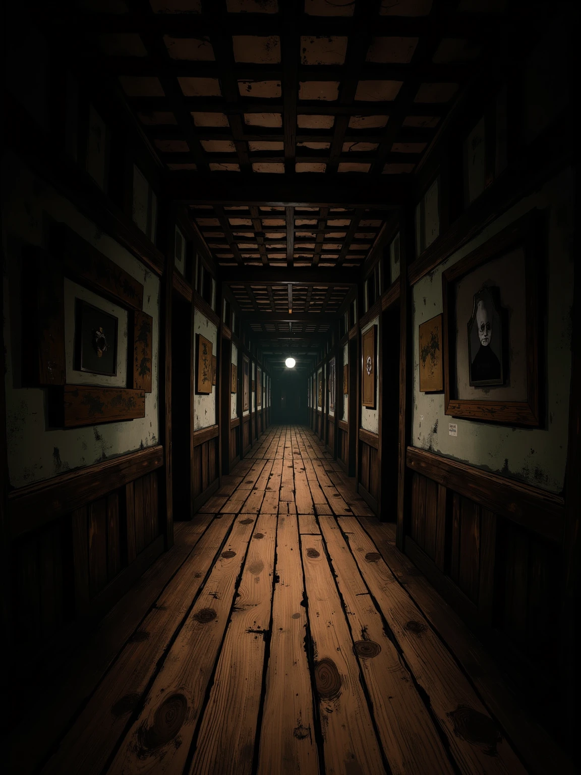 (masterpiece:1.3, UHD:1.2, highres:1.3, top quality, clarity:1.3), The eternal corridor:1.3, Many square rooms are tilted at an angle., A dark and scary Japanese mansion:1.3, A wooden corridor leading into darkness:1.3, 8k wall paper:1.3