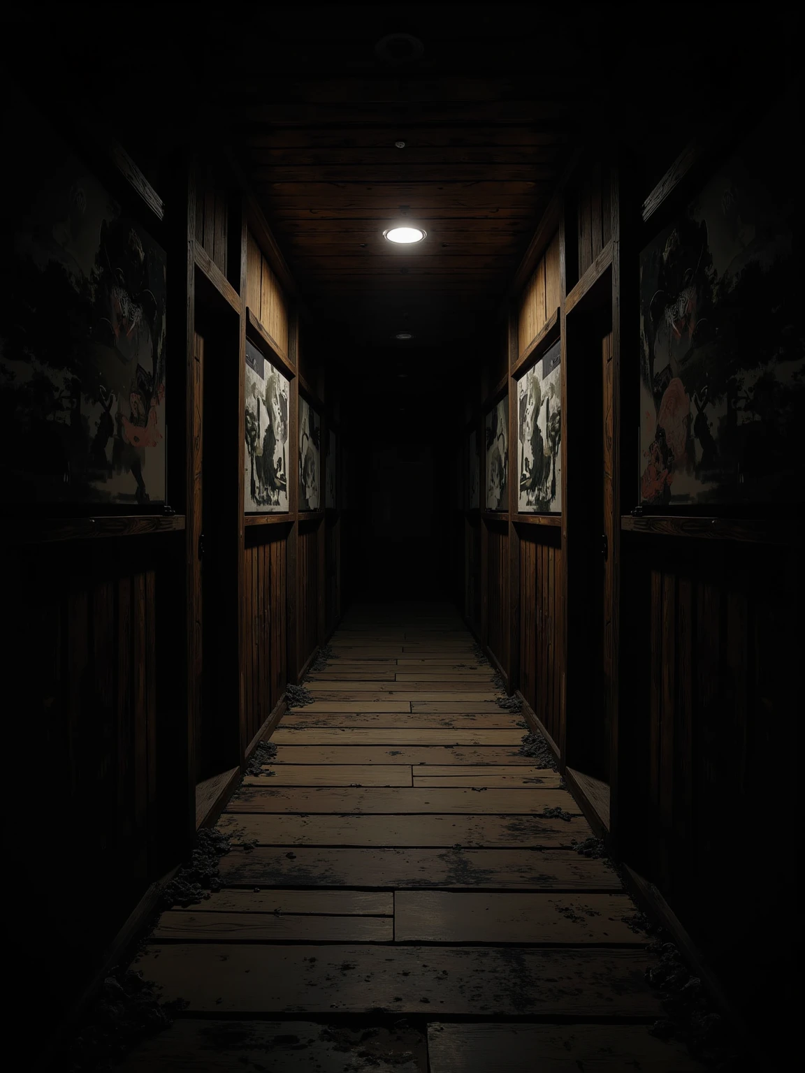 (masterpiece:1.3, UHD:1.2, highres:1.3, top quality, clarity:1.3), The eternal corridor:1.3, Many square rooms are tilted at an angle., A dark and scary Japanese mansion:1.3, A wooden corridor leading into darkness:1.3, 8k wall paper:1.3