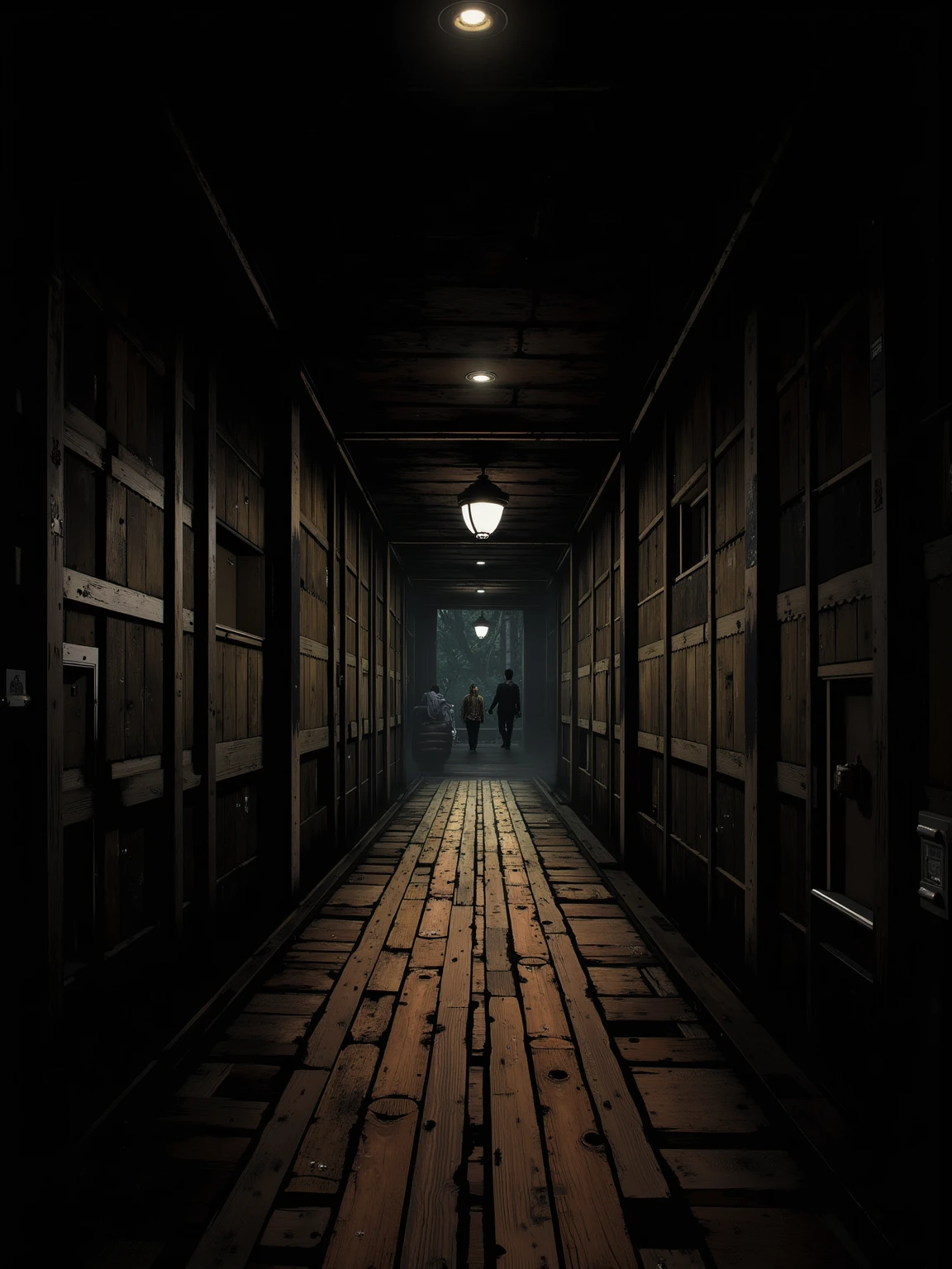 (masterpiece:1.3, UHD:1.2, highres:1.3, top quality, clarity:1.3), The eternal corridor:1.3, Many square rooms are tilted at an angle., A dark and scary Japanese mansion:1.3, A wooden corridor leading into darkness:1.3, 8k wall paper:1.3