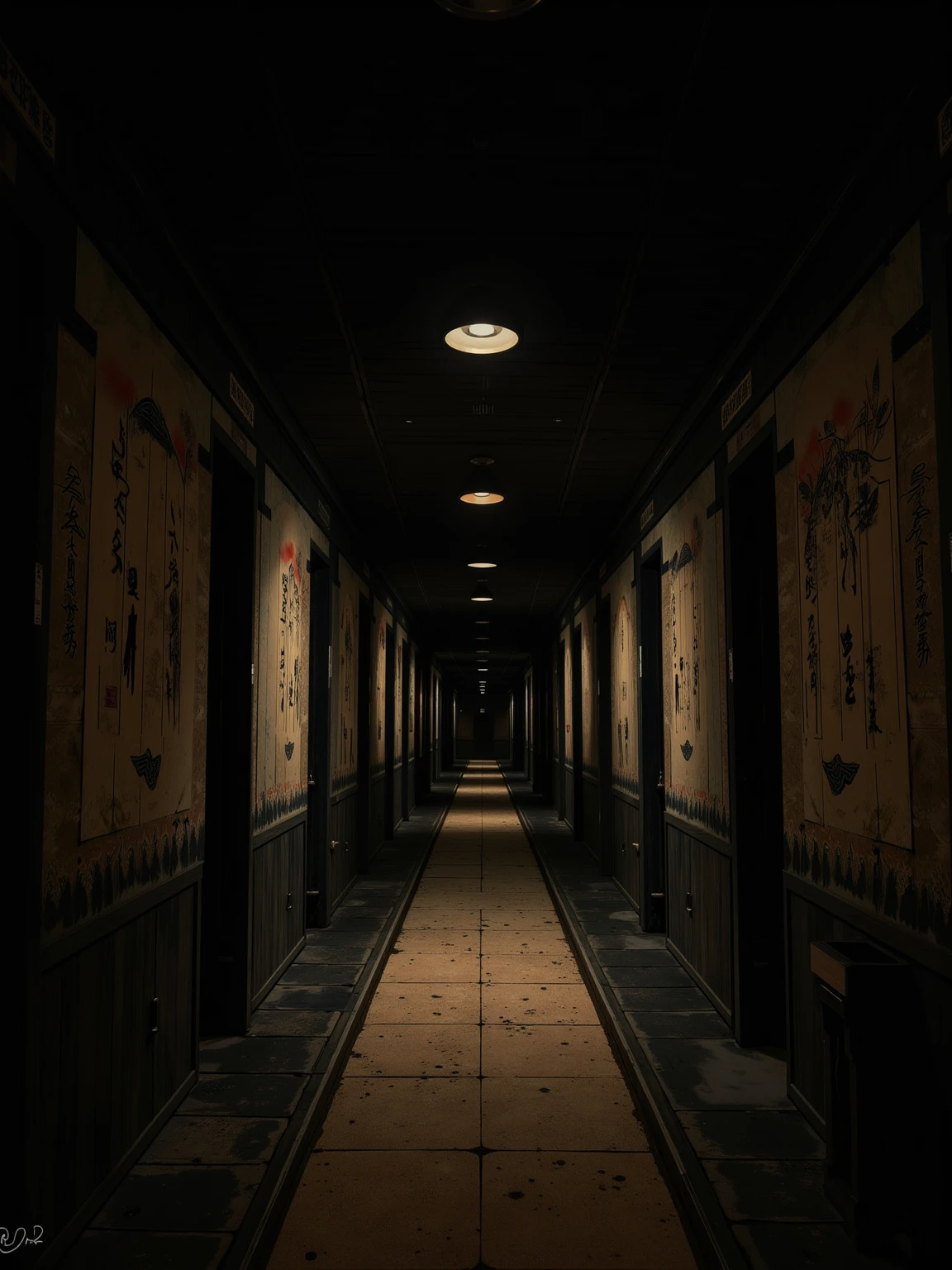 (masterpiece:1.3, UHD:1.2, highres:1.3, top quality, clarity:1.3), The eternal corridor:1.3, Many square rooms are tilted at an angle., A dark and scary Japanese mansion:1.3, A wooden corridor leading into darkness:1.3, 8k wall paper:1.3