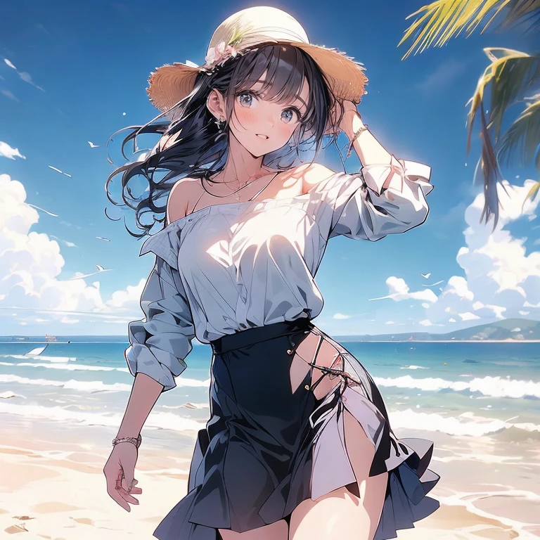 looking back at viewer、tideland、Covered in mud、Tiny thimps、Thighs、Girl、Girl、Younger、Baby Face、flat chest、forehead、Butt、Dynamic Angle、Seaside、Sandy Beach、Glaring、sunlight、Both eyes open、Sun hat